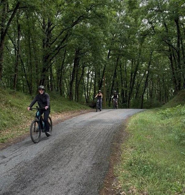 Three people riding bikes on a gravel path through a lush green wooded area.