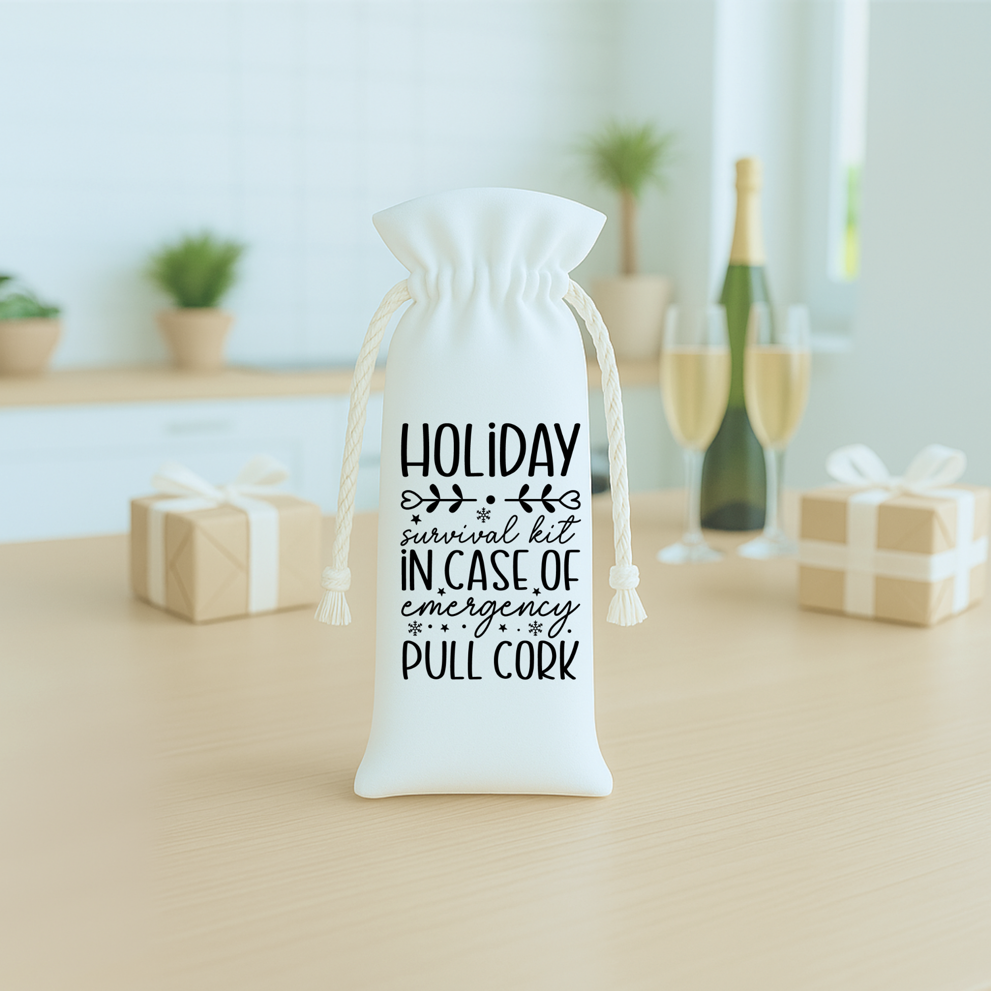 Holiday-themed “Pull Cork” wine bag displayed in a modern kitchen with champagne glasses.