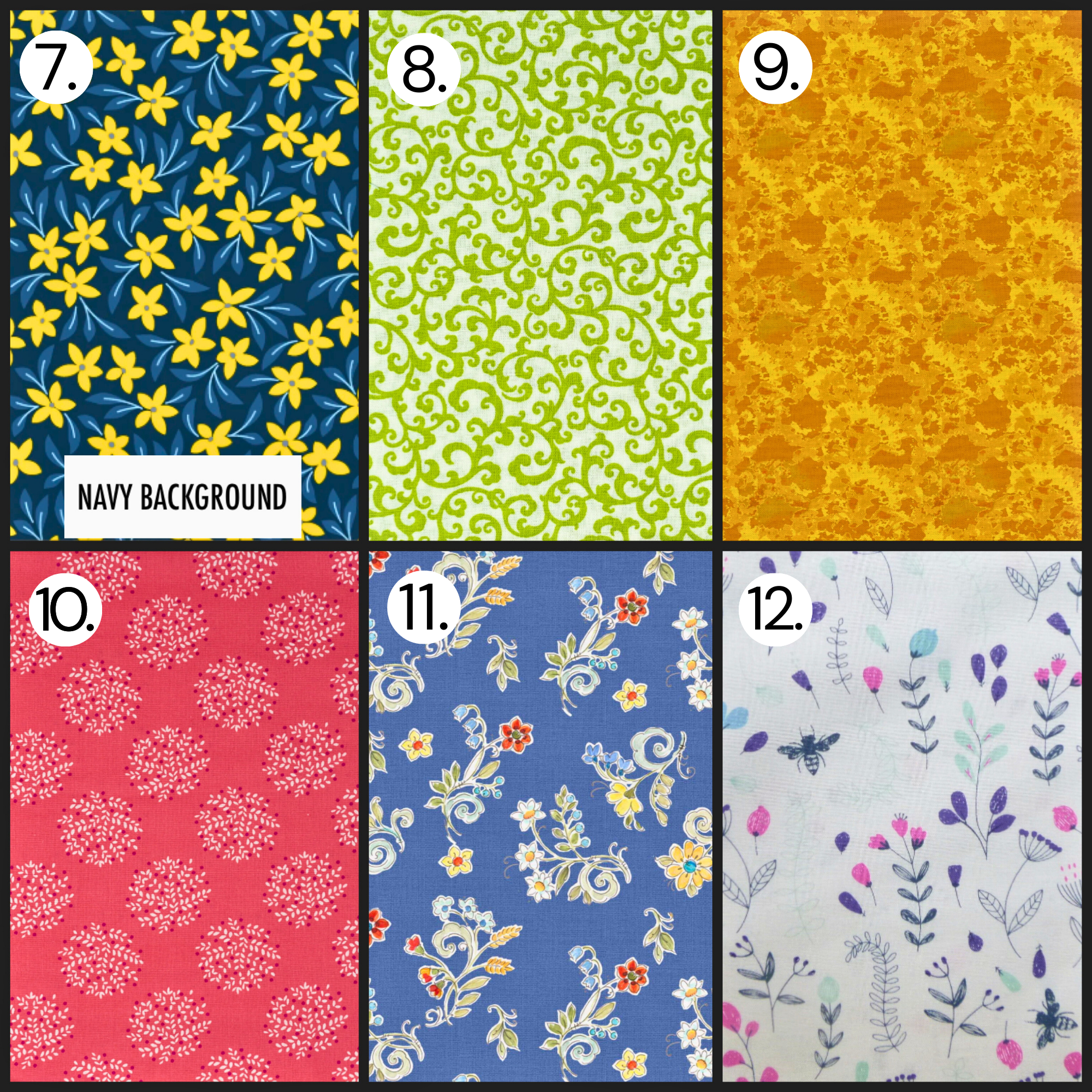 Fabric pattern grid featuring navy floral prints, green scroll designs, textured mustard fabric, red mini florals, blue vintage florals, and soft botanical patterns for handmade gifts.