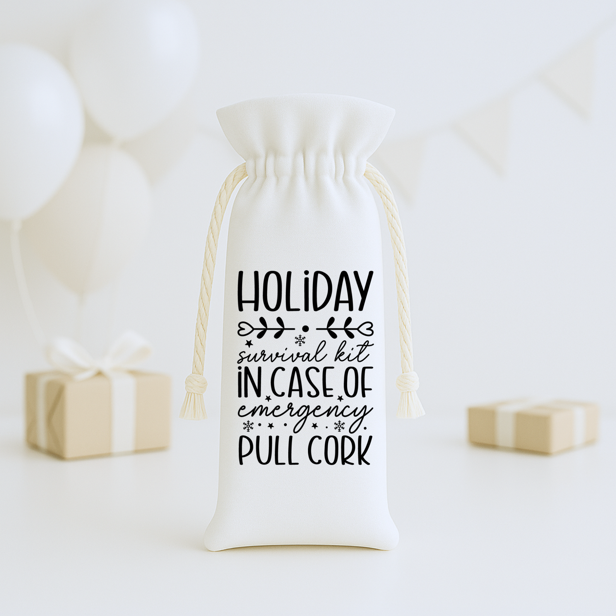 Holiday “Pull Cork” wine bag showcased with neutral party décor and gift boxes.