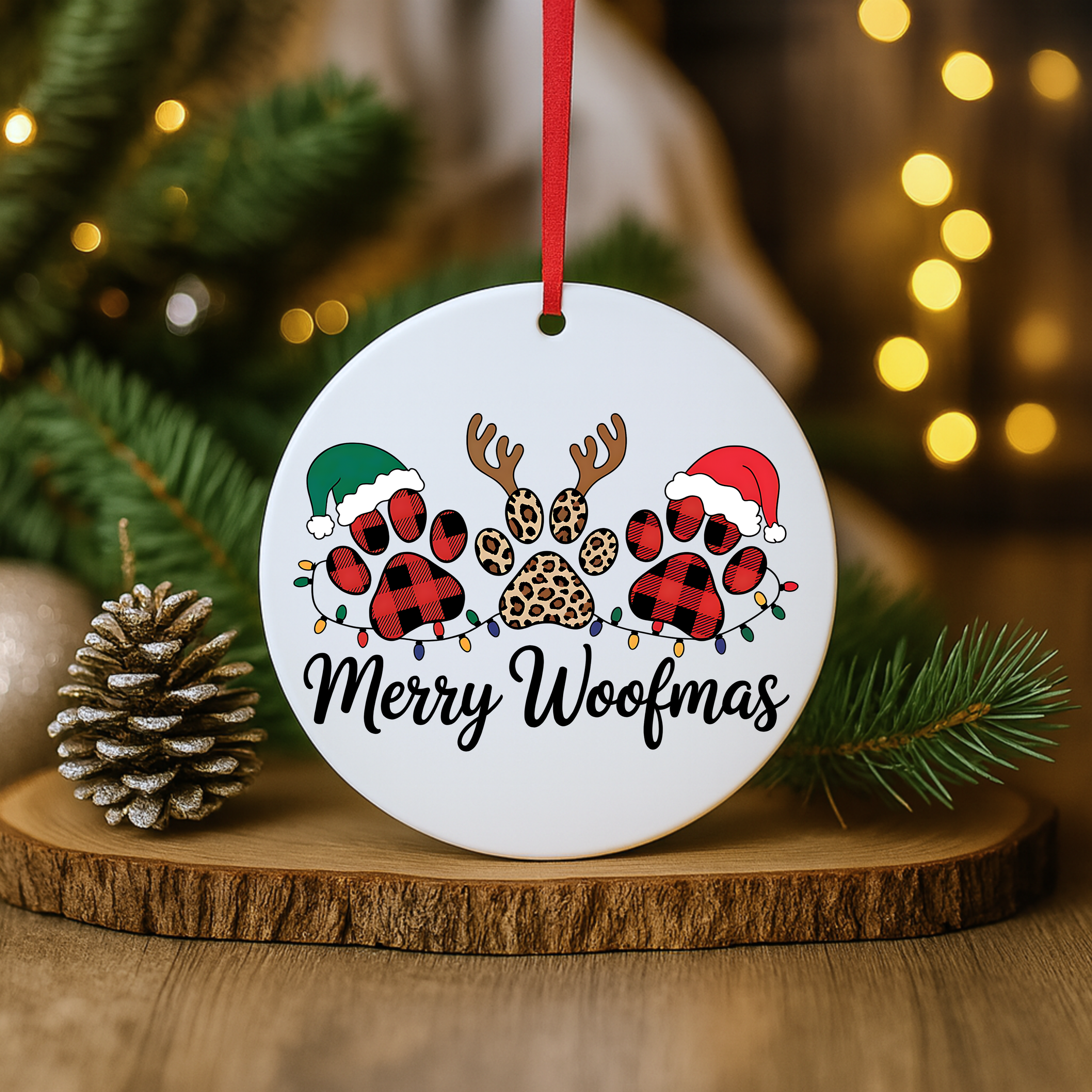 Merry Woofmas dog Christmas ornament with festive paw prints displayed on a wooden riser with holiday greenery.