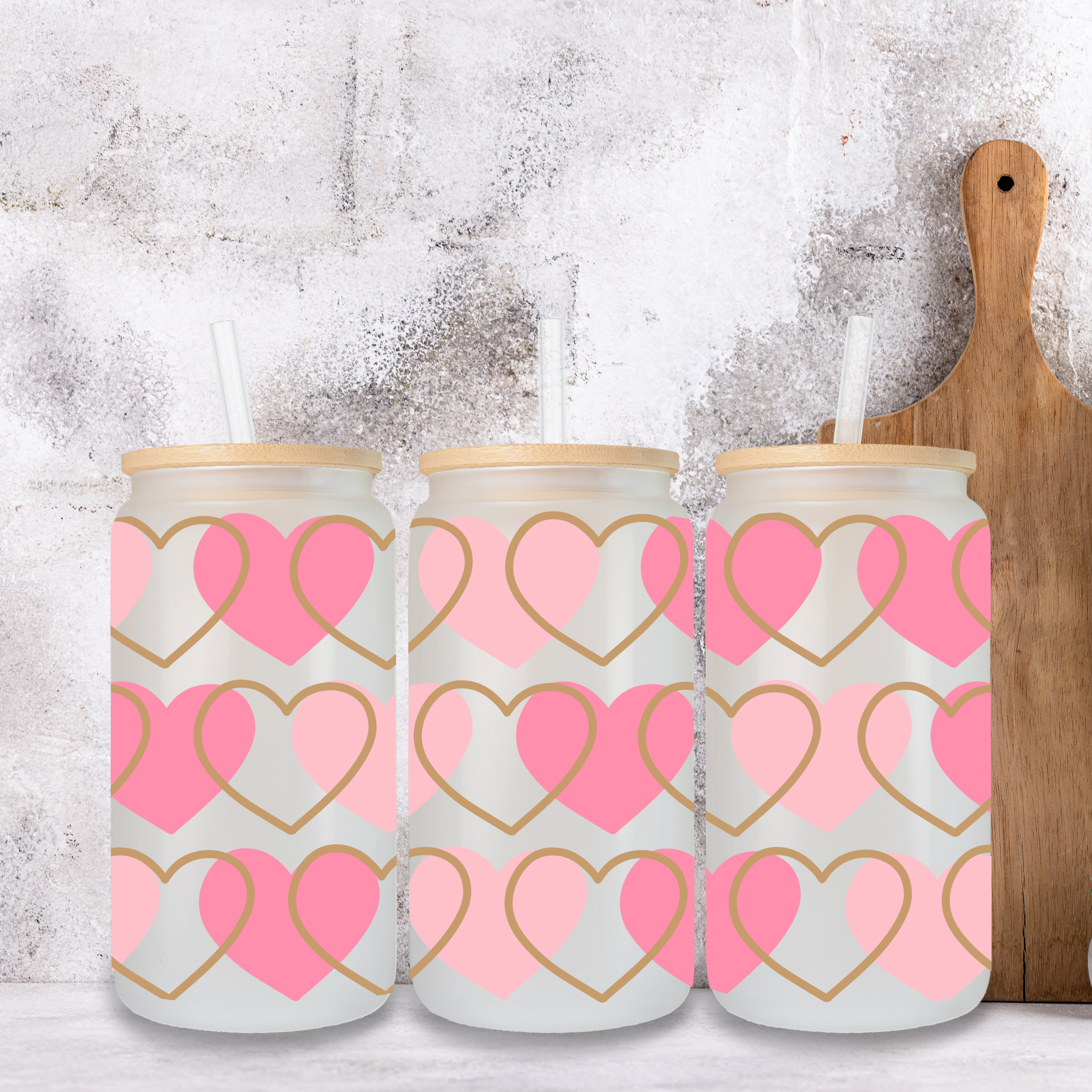 Photo 9 of three matching Valentine glass can cups with pink and gold heart designs displayed together.