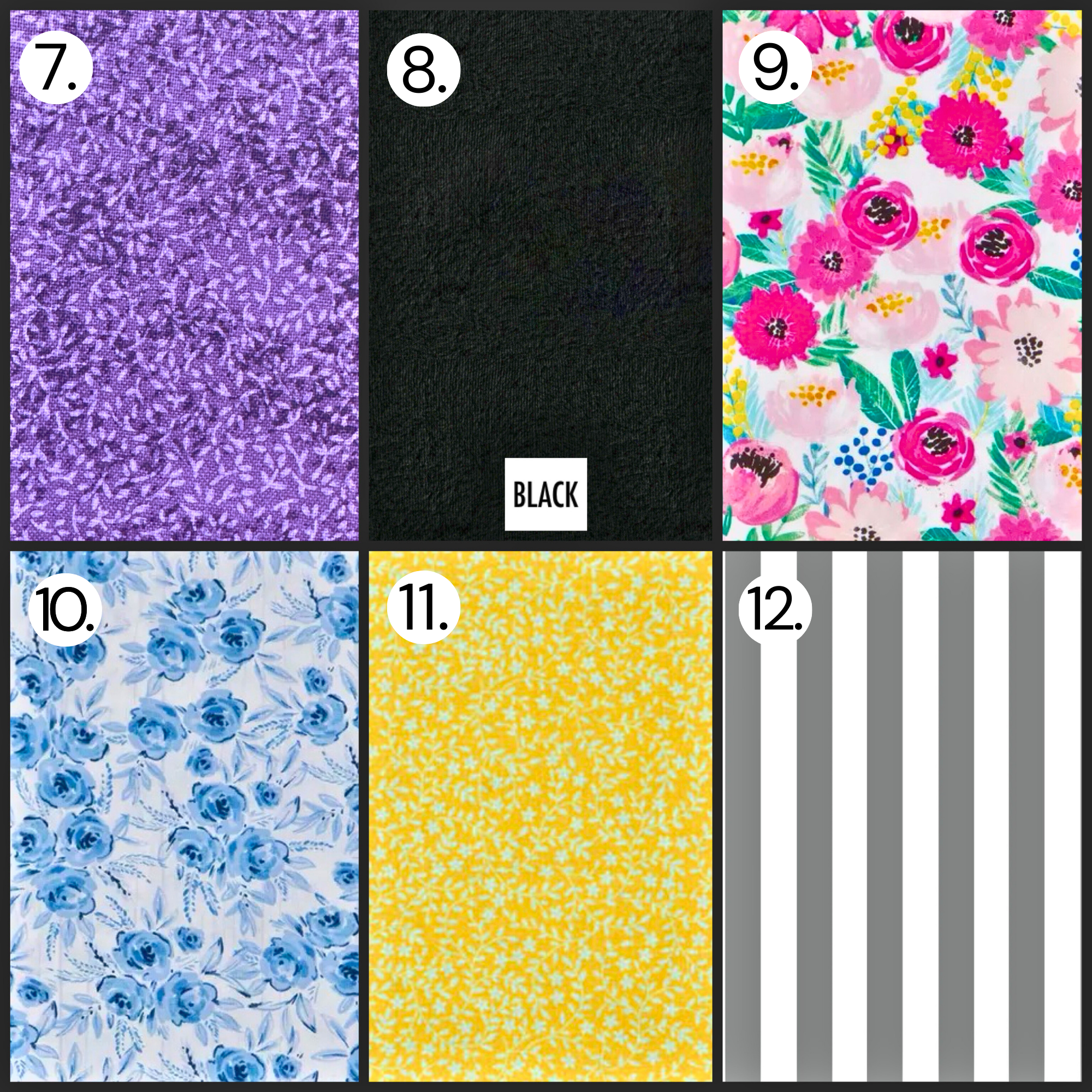 Fabric pattern grid with purple texture, solid black, pink florals, blue roses, yellow speckles, and gray stripes for handmade gifts.