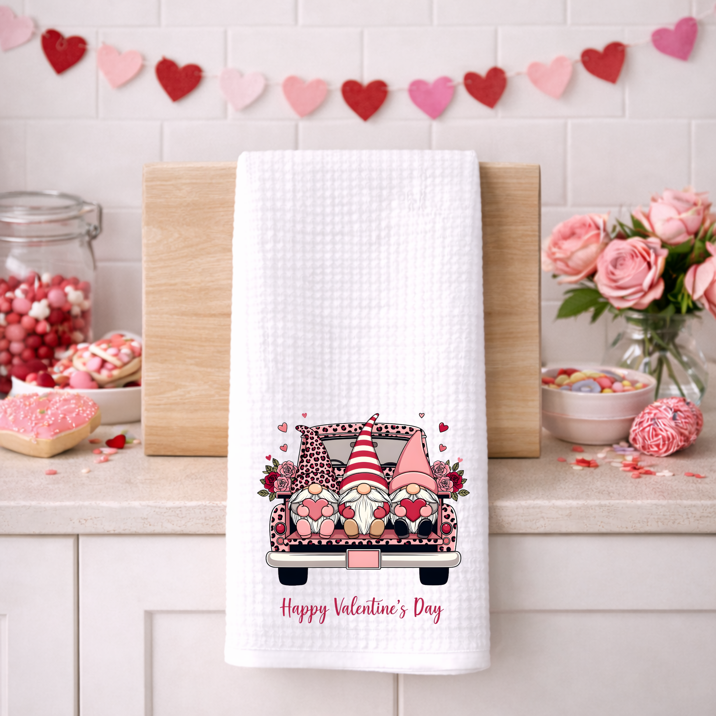 Valentine’s gnome truck kitchen towel hanging on a cutting board with heart garland and pink decor.