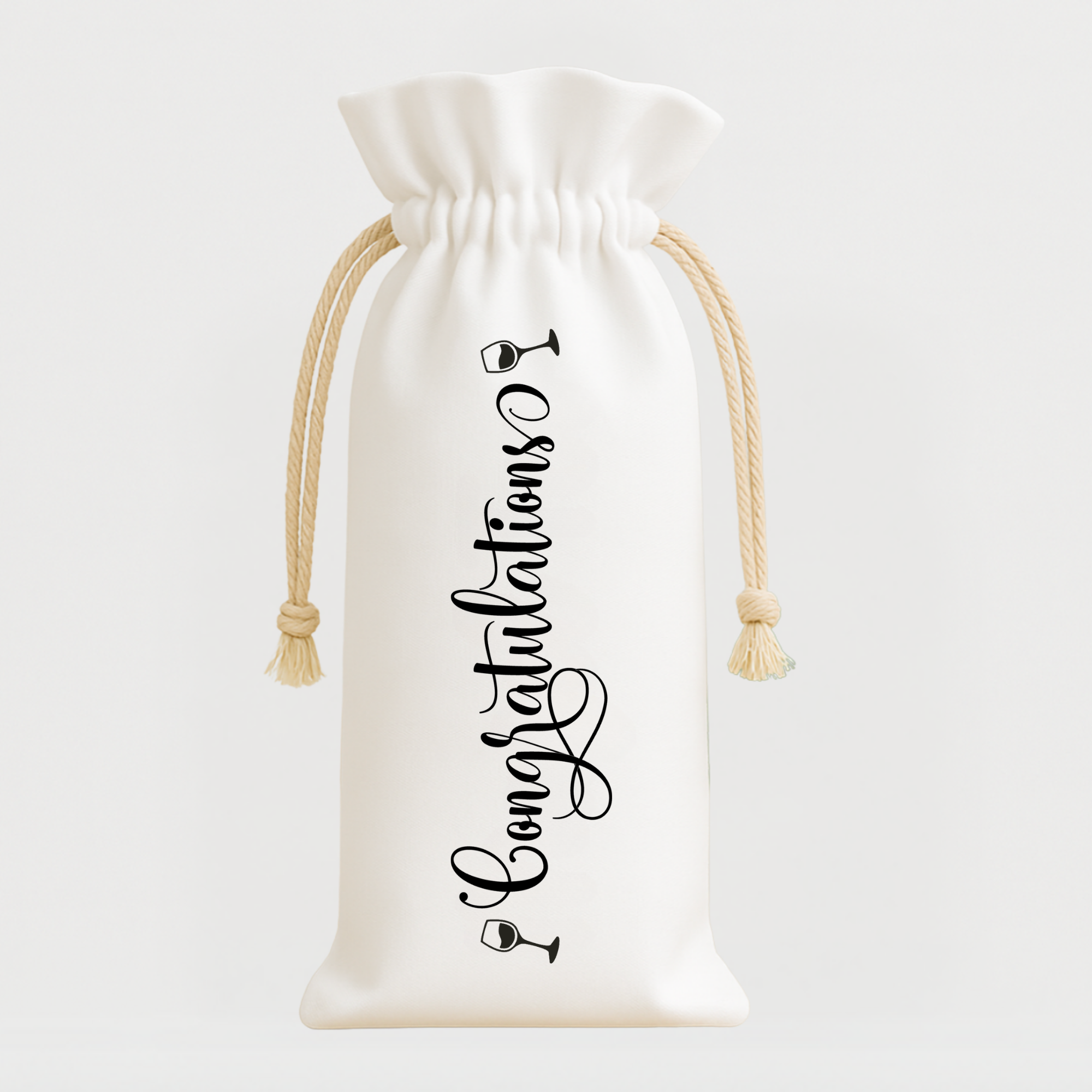 Elegant white wine bag with "Congratulations" and wine glass icons in black script.