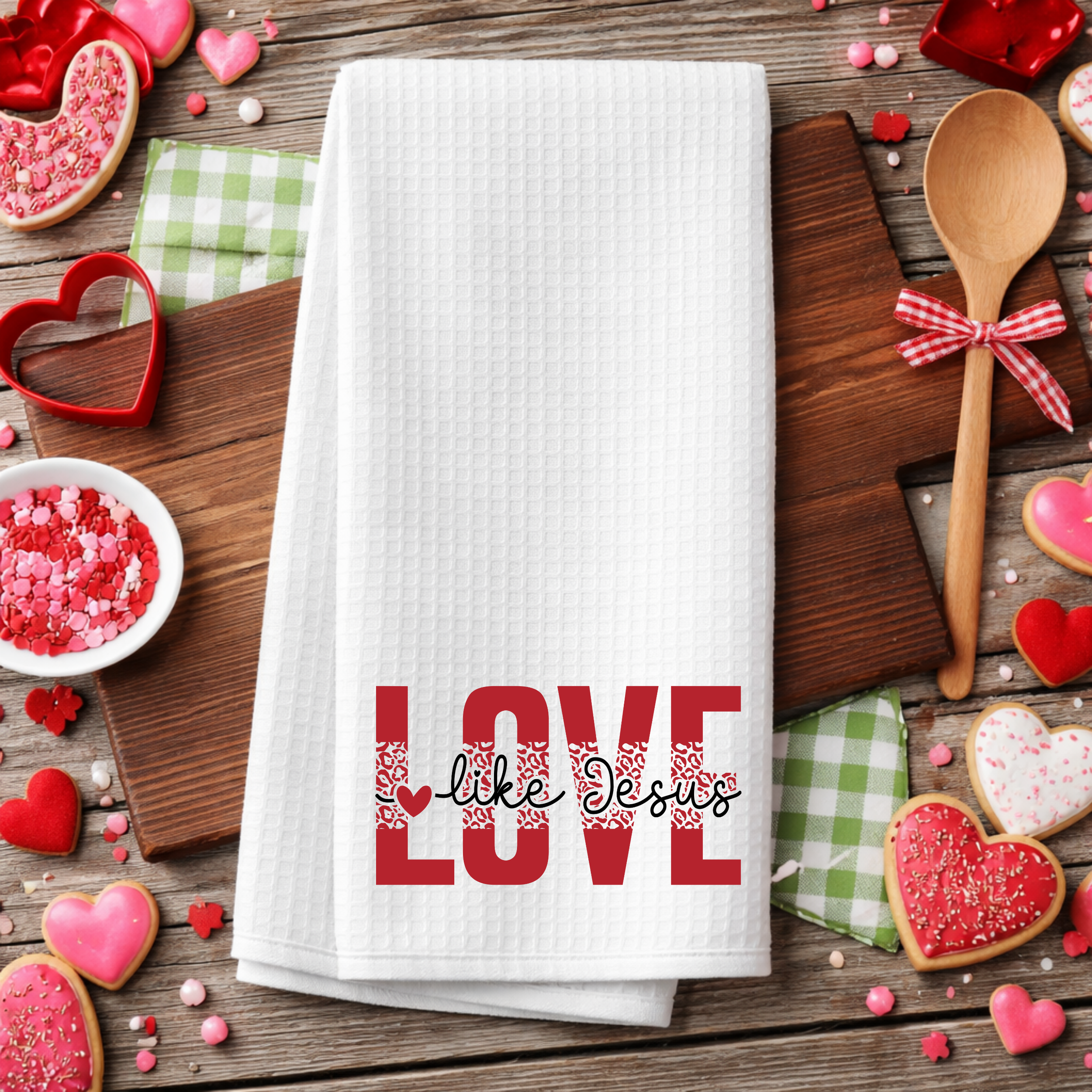 Christian “Love Like Jesus” kitchen towel styled on rustic wood with Valentine cookies.