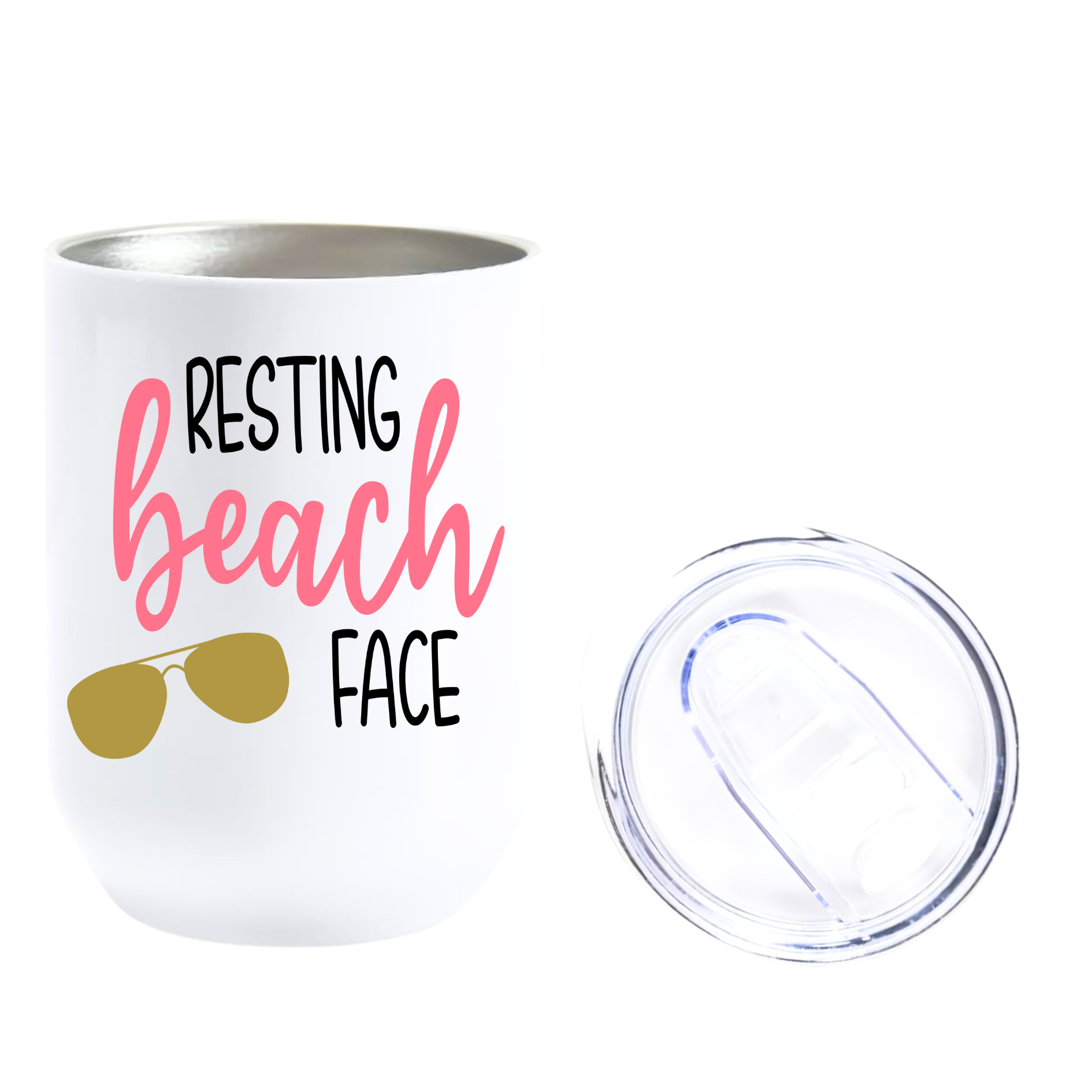 White wine tumbler with "Resting Beach Face" in pink and black, paired with a clear lid. Fun beach-themed drinkware for vacations and poolside lounging.