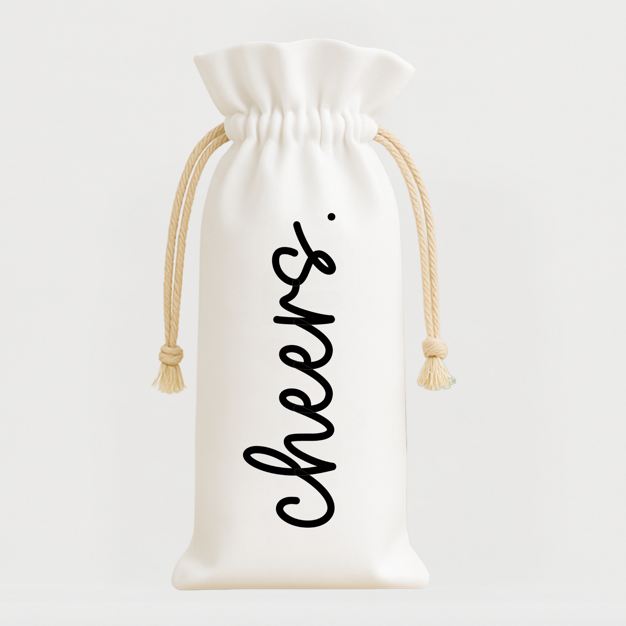 Minimalist white wine bag with vertical black script reading “cheers.”