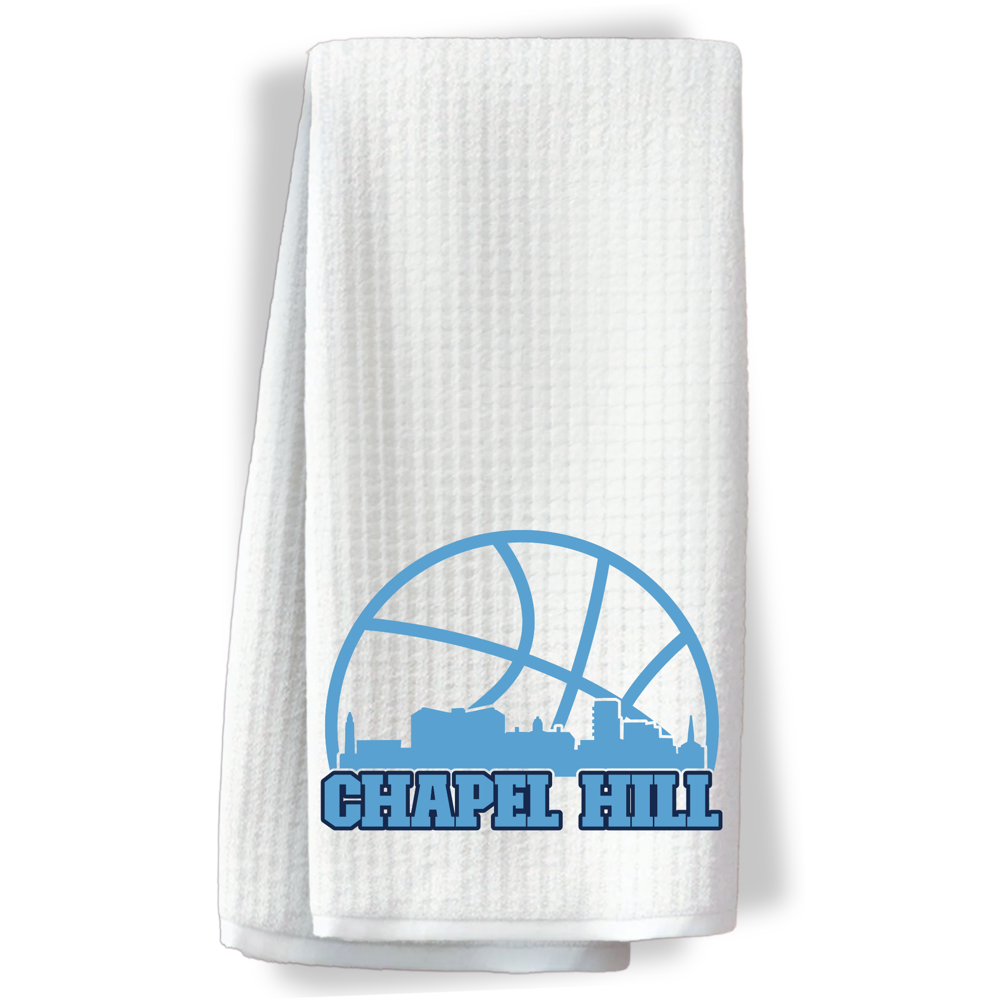 UNC Chapel Hill-themed towel with blue basketball and campus skyline design.