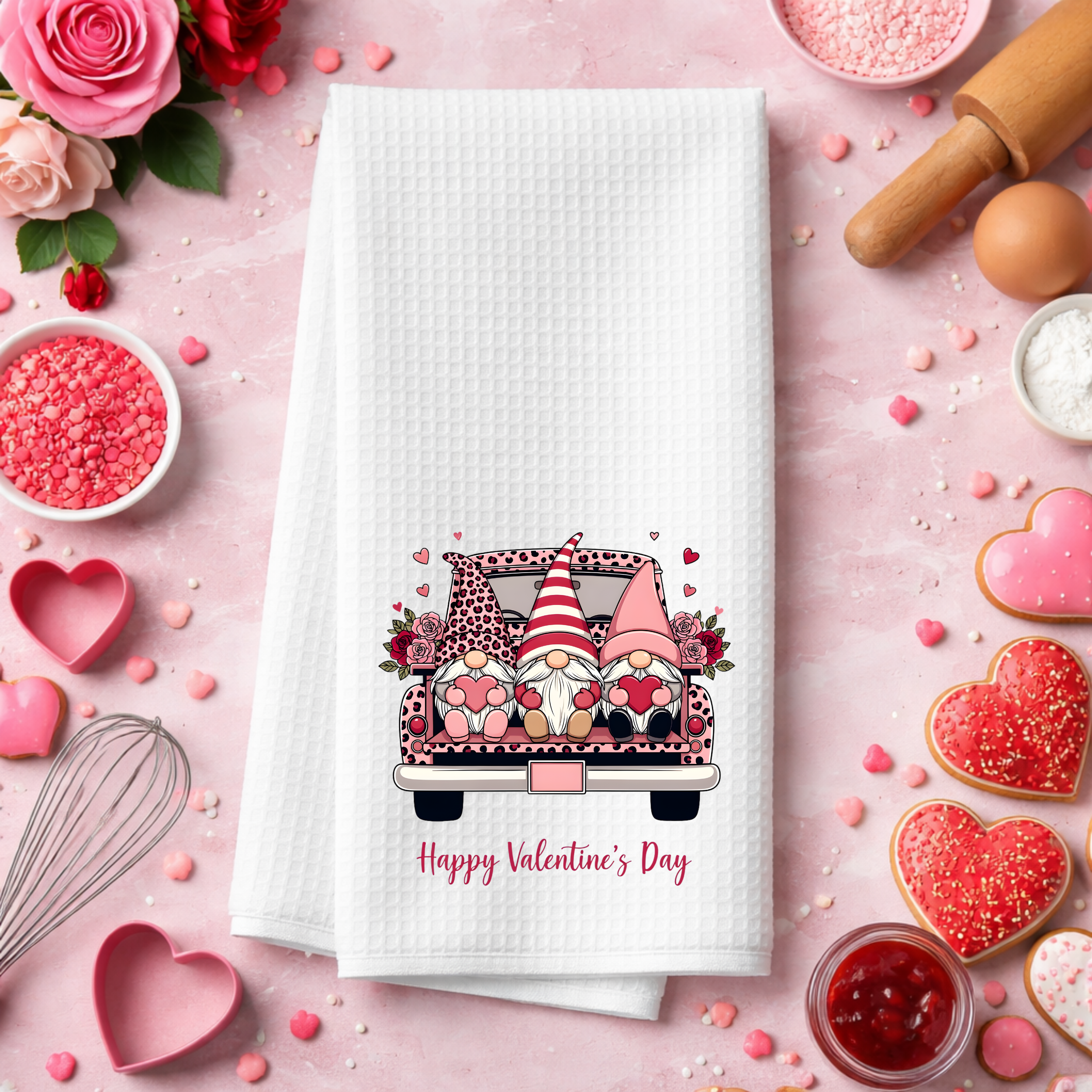 Valentine’s Day gnome truck kitchen towel on a pink baking flat lay with heart cookies and sprinkles.