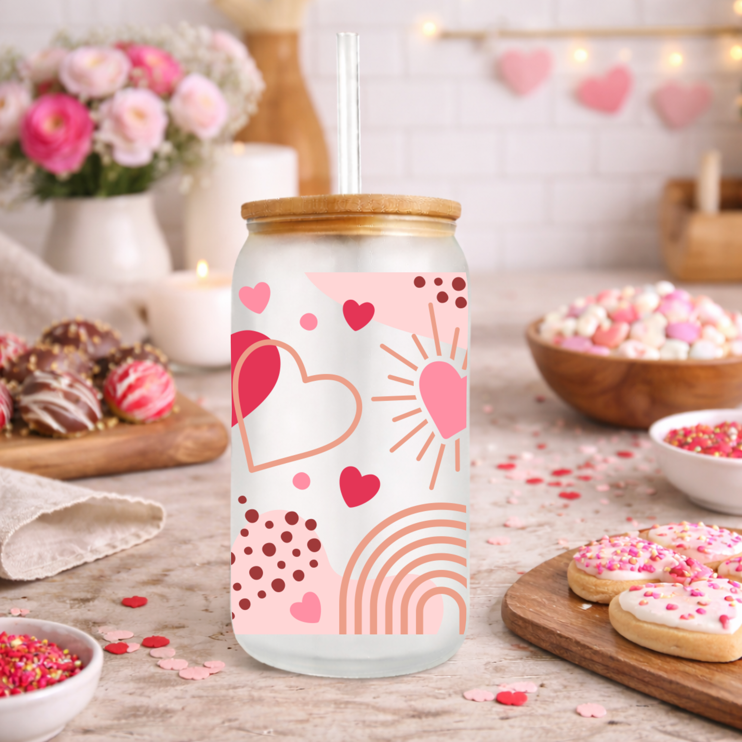 Valentine frosted glass can cup with bamboo lid displayed on a kitchen counter with cookies, sprinkles, and baking props.