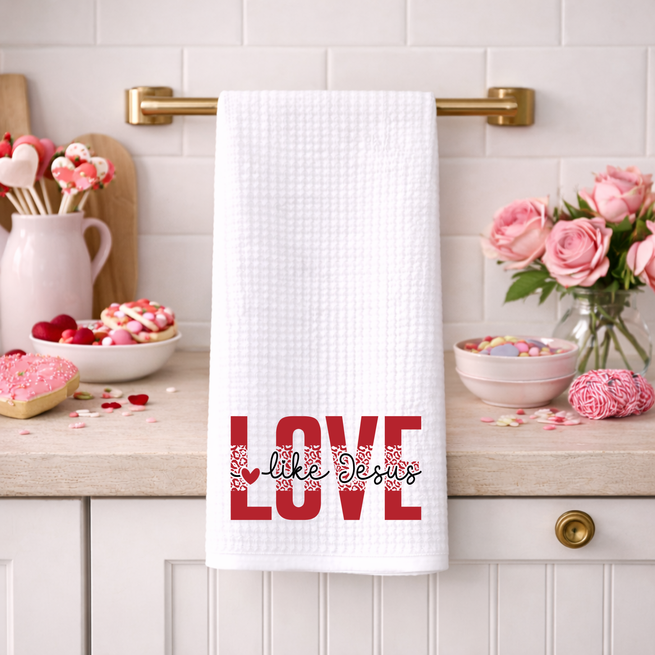 White waffle weave kitchen towel with “Love Like Jesus” design styled with pink Valentine decor.