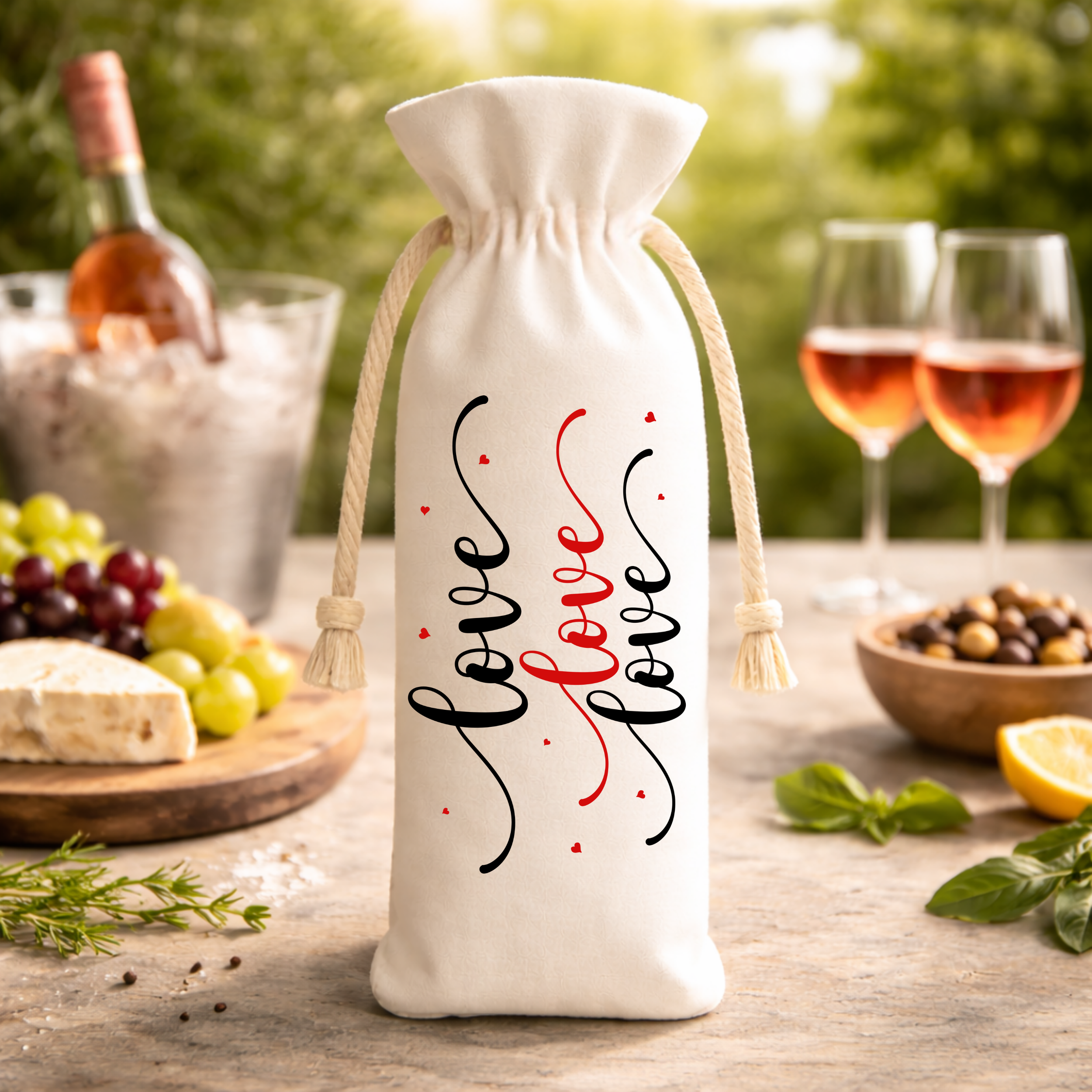 Love Love Love wine gift bag displayed outdoors with rosé, grapes, cheese, and greenery, romantic picnic wine gift mockup