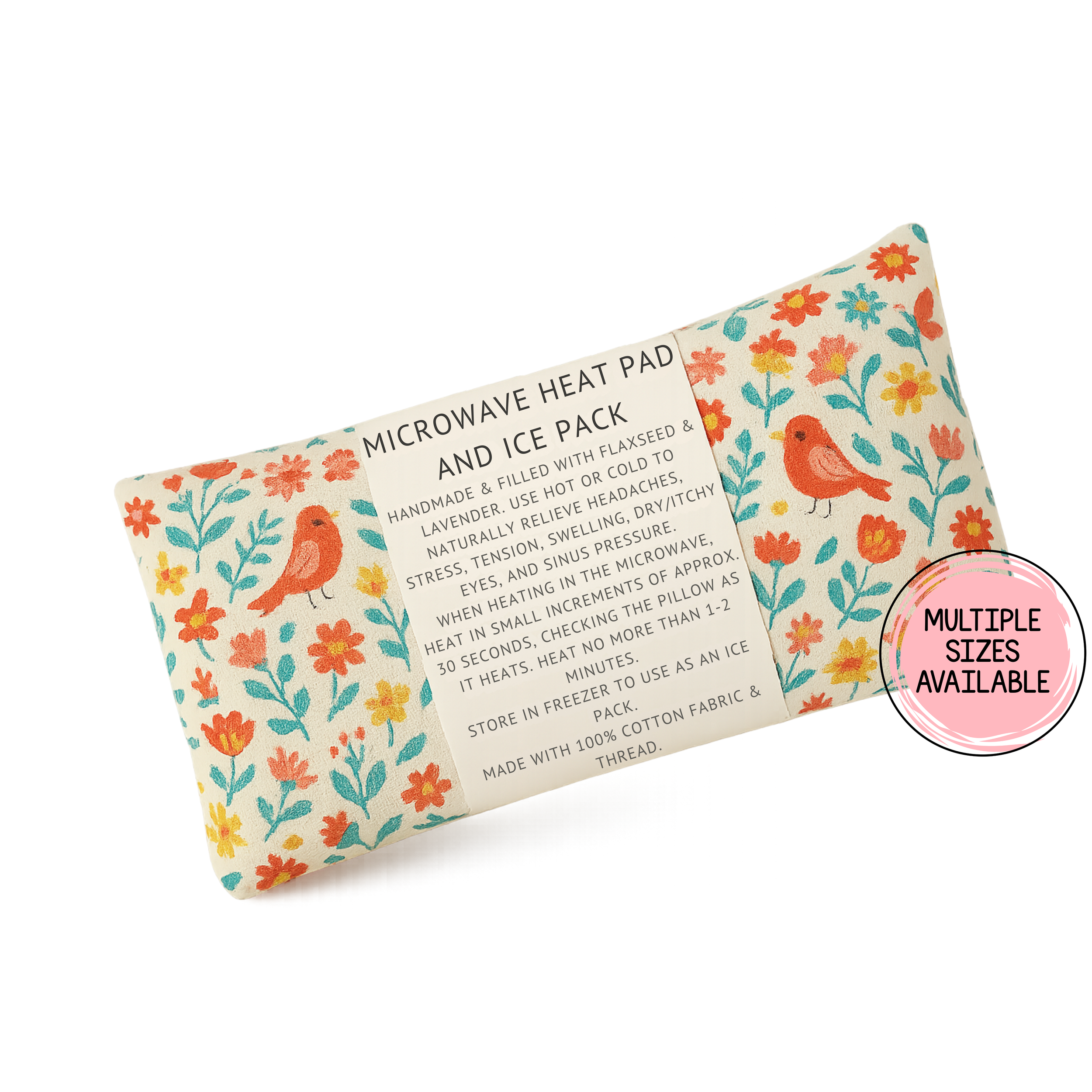 Flaxseed microwave heat pack with whimsical red bird and colorful floral pattern.