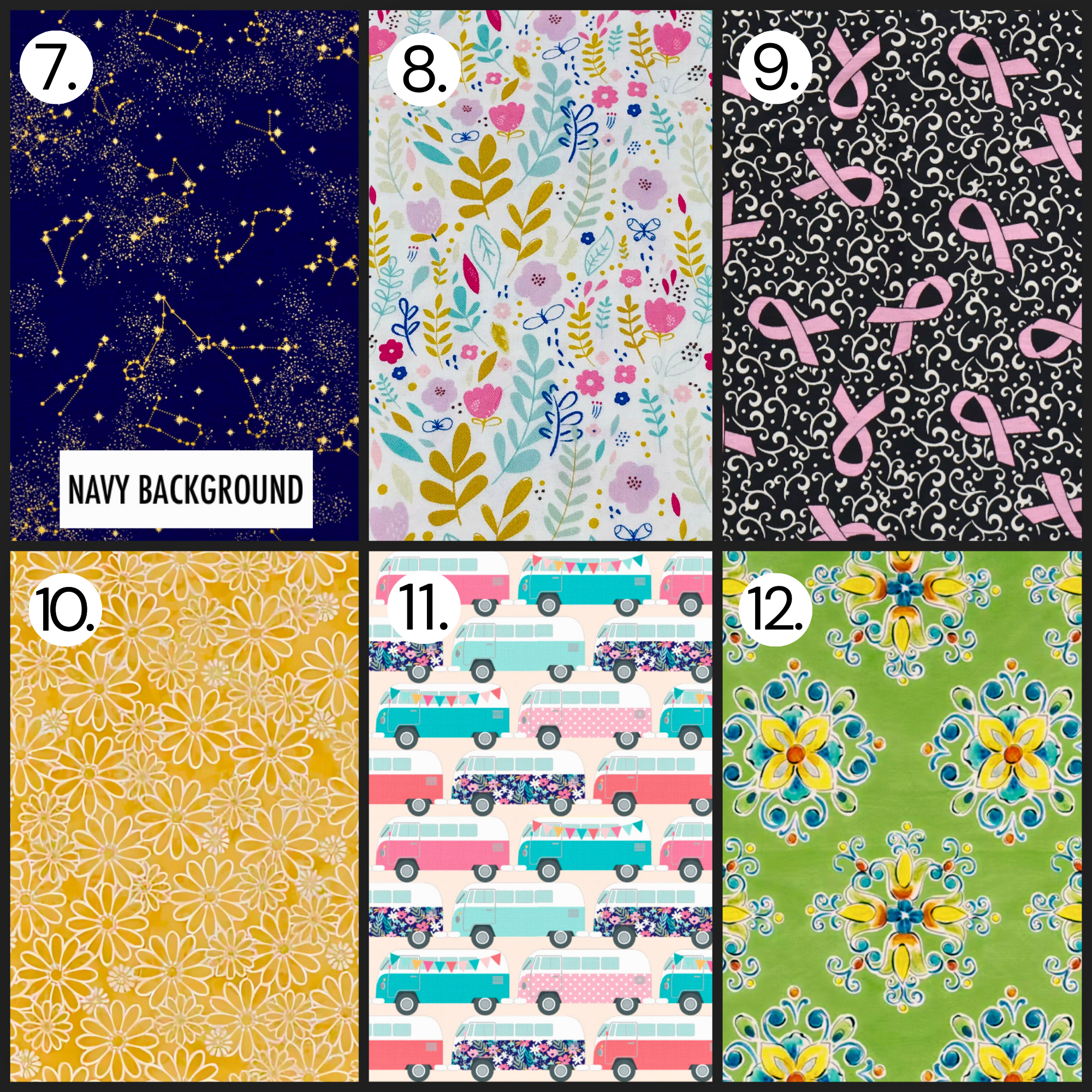 Fabric pattern grid with constellation stars, florals, pink ribbons, daisies, camper vans, and tile patterns.