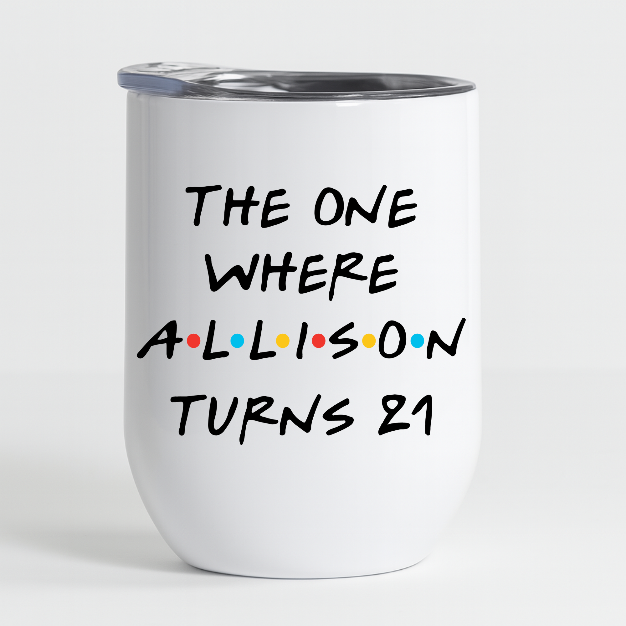 21st Birthday Wine Tumbler - Friends Theme: White tumbler with "The One Where Allison Turns 21" featuring Friends-style text. Fun gift idea for 21st celebrations.