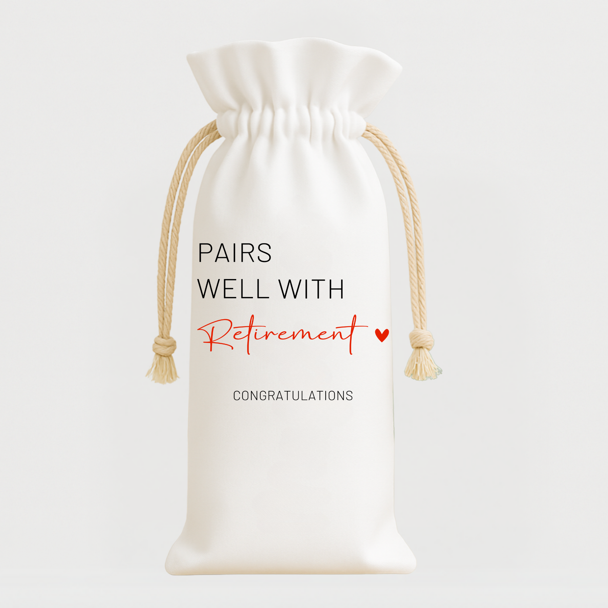Retirement-themed wine gift bag with modern black and red typography.