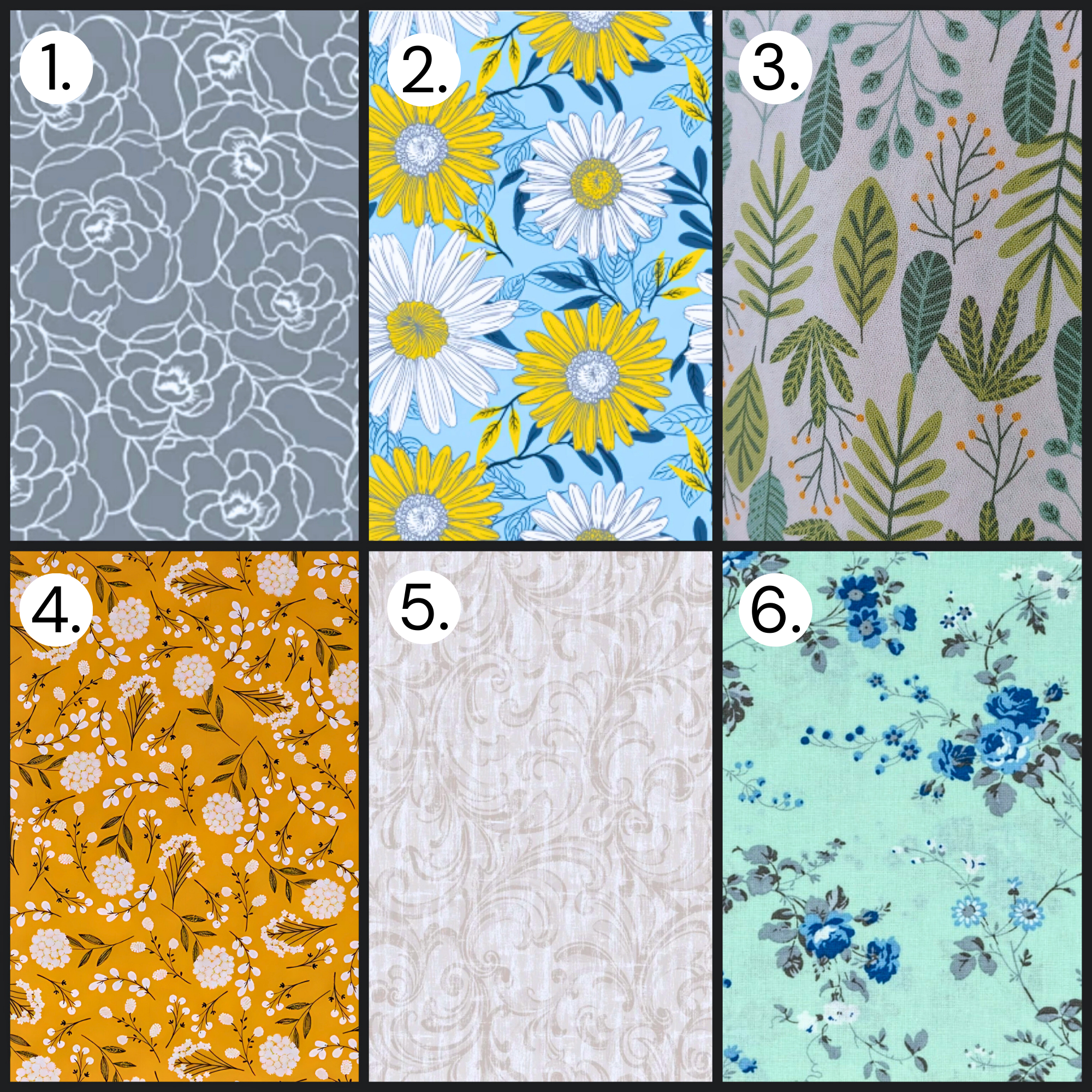 Fabric pattern grid with gray florals, blue and yellow daisies, leafy prints, mustard blossoms, neutral swirls, and soft blue florals.