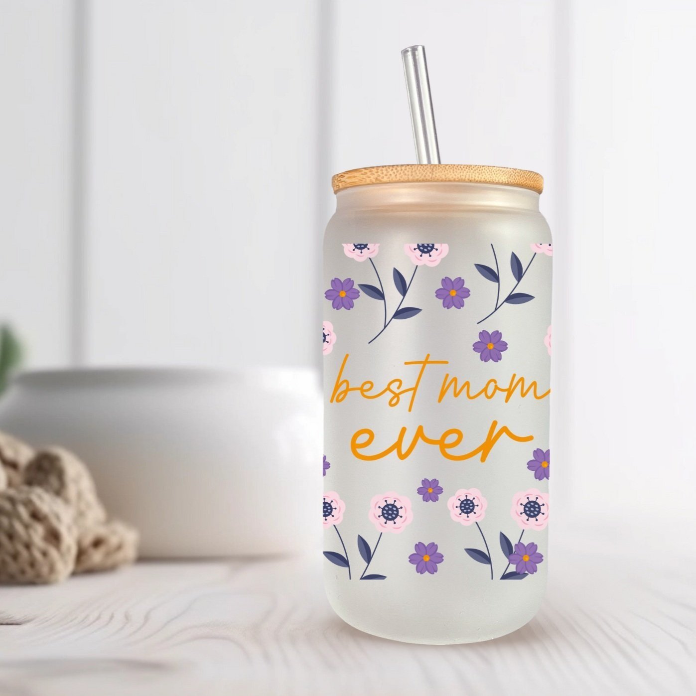 Beautifully designed iced coffee glass with a permanent sublimation print, BPA-free bamboo lid, and eco-friendly straw. (Copy) (Copy)