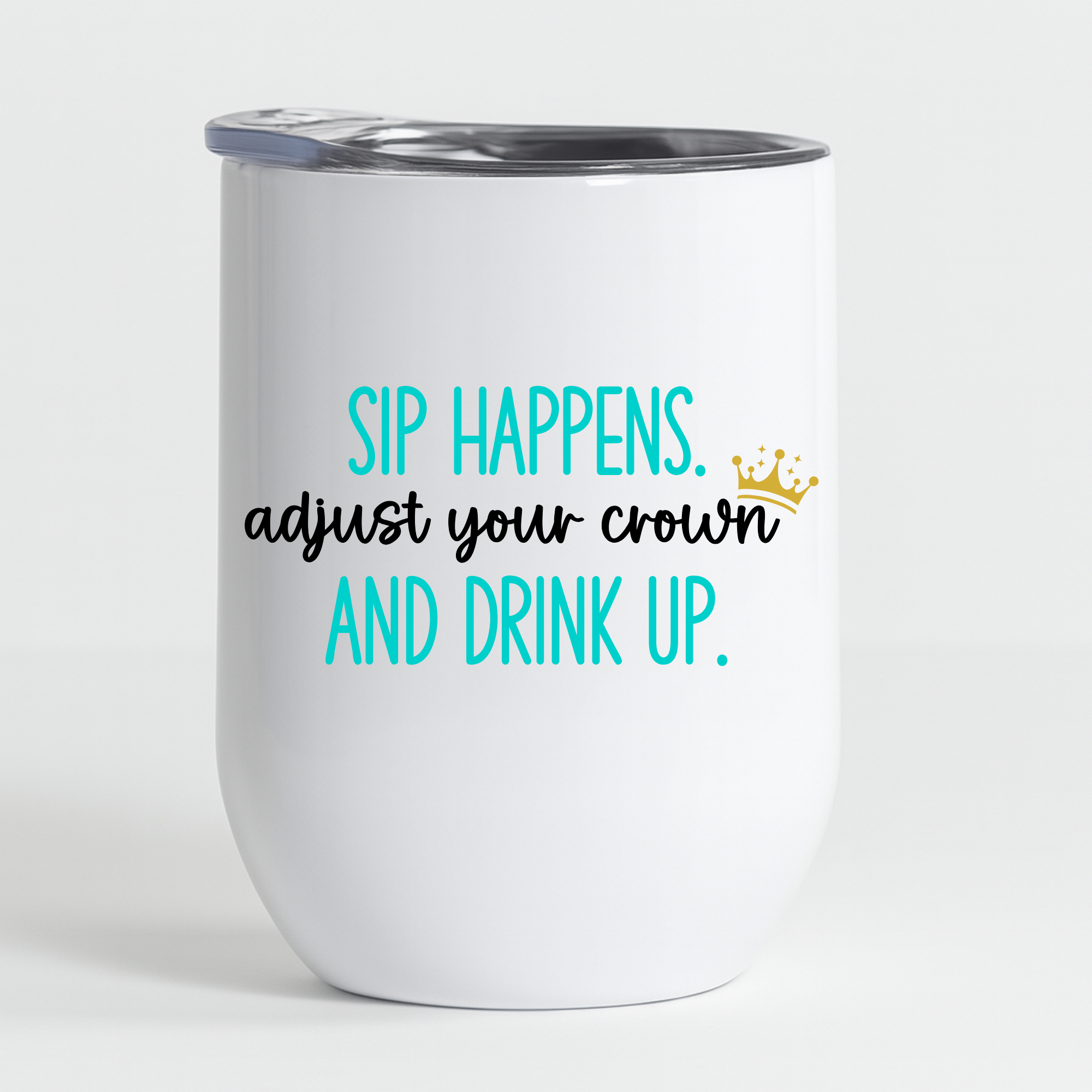 Custom Sip Happens tumbler with teal text, close-up product image.