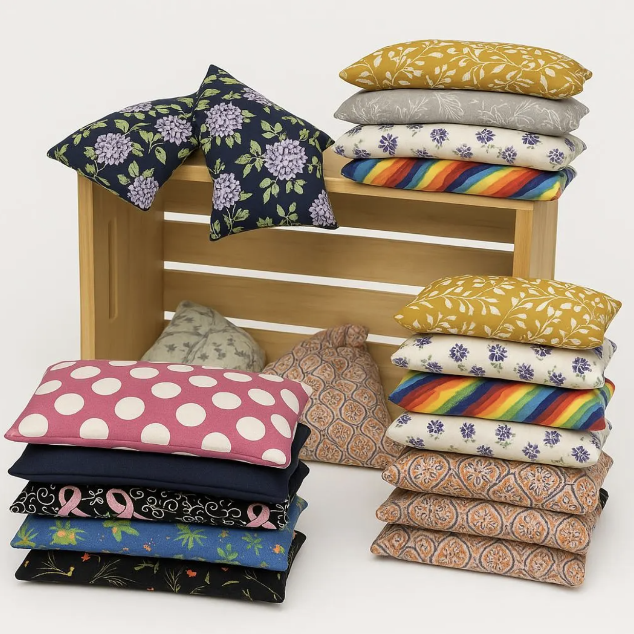 Variety of handmade microwave heat pads with colorful, floral, rainbow, polka dot, and awareness ribbon fabrics stacked beside wooden crate.