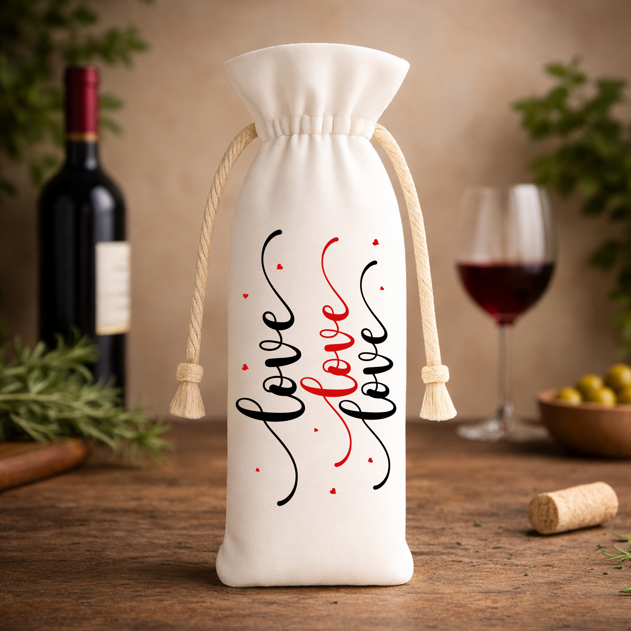 Love Love Love wine gift bag styled for a cozy evening with red wine, cork, and warm lighting, romantic wine gift mockup