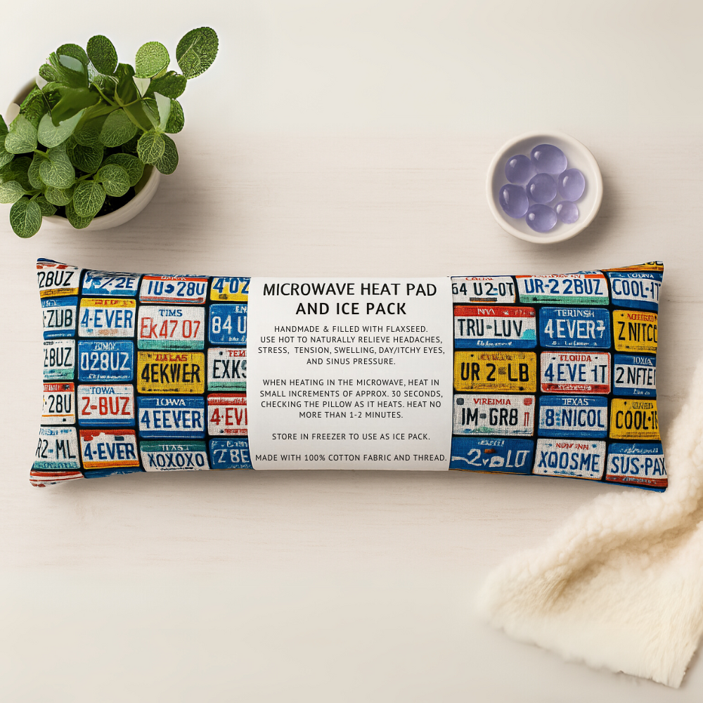Microwave heat pack with vibrant license plate fabric, ideal for hot or cold therapy