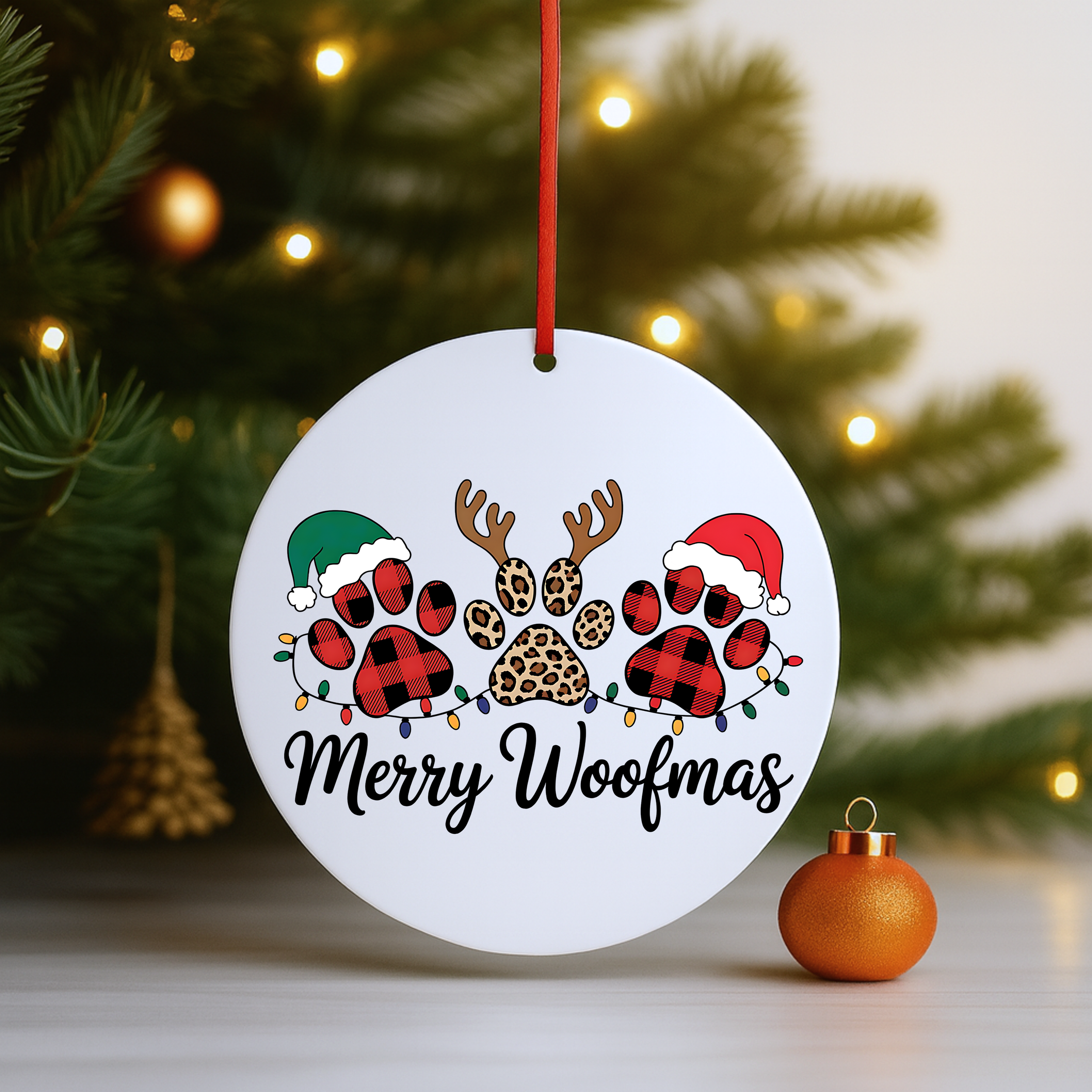 Dog Christmas ornament with Merry Woofmas text hanging on a decorated tree branch.