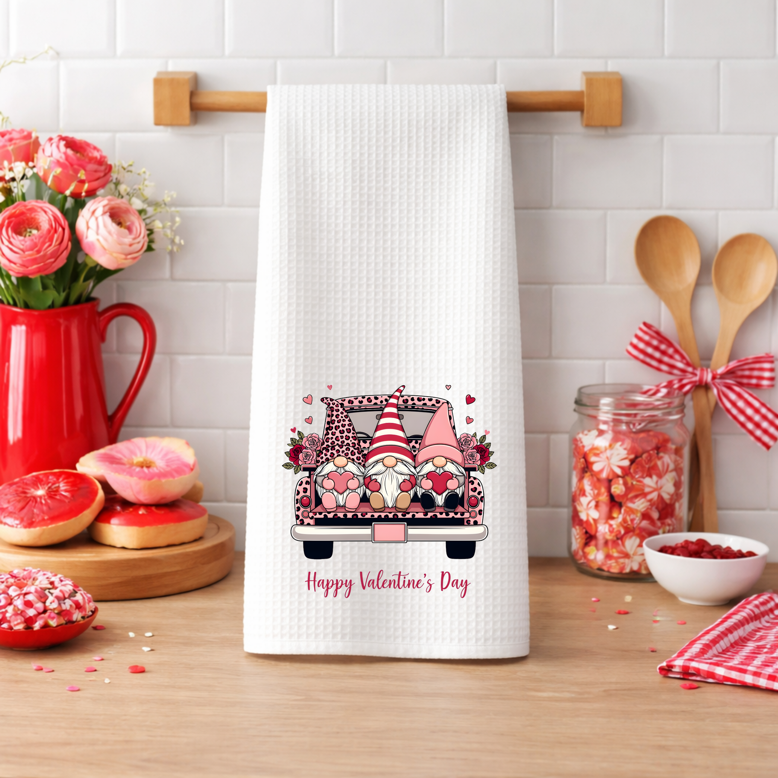 Valentine’s Day gnome truck kitchen towel in a farmhouse kitchen with pink florals and baking decor.
