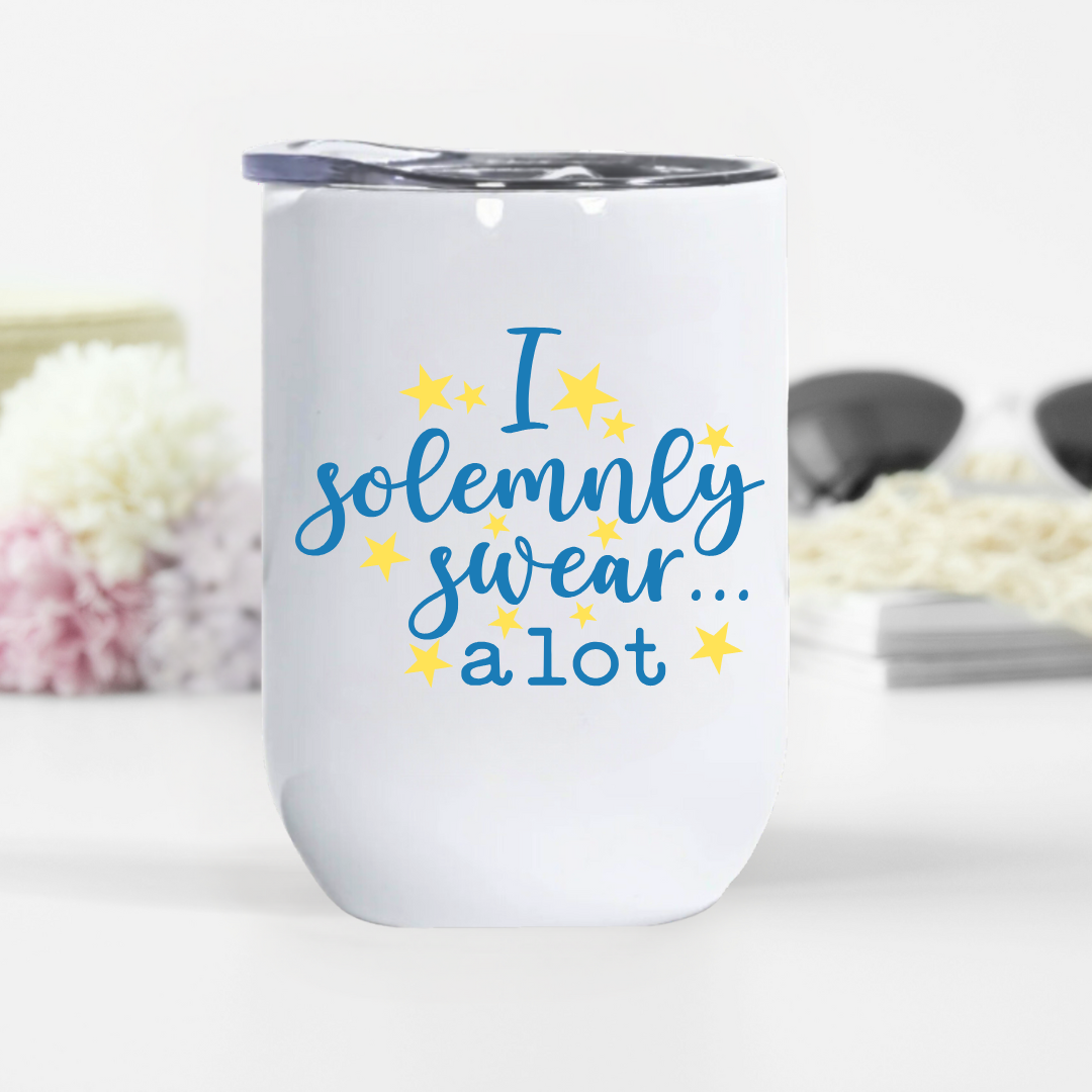 White stainless steel travel wine tumbler with blue text and yellow star accents, a unique and humorous gift for wine lovers and coffee enthusiasts.