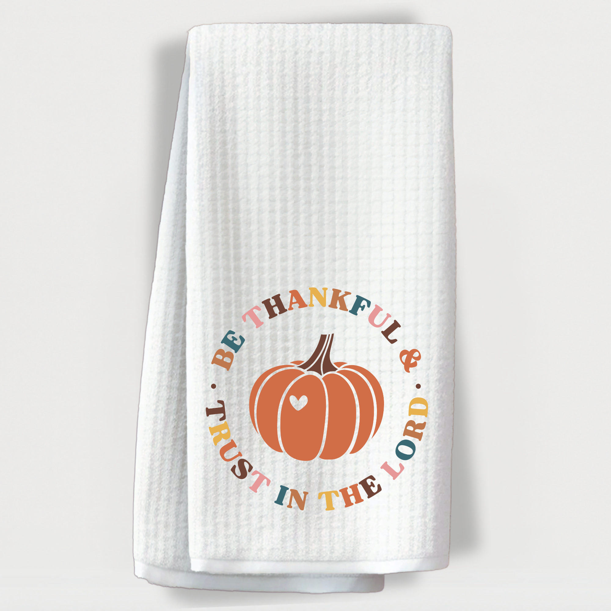 “Be Thankful & Trust in the Lord” pumpkin towel, displayed flat with clean white background for product showcase.