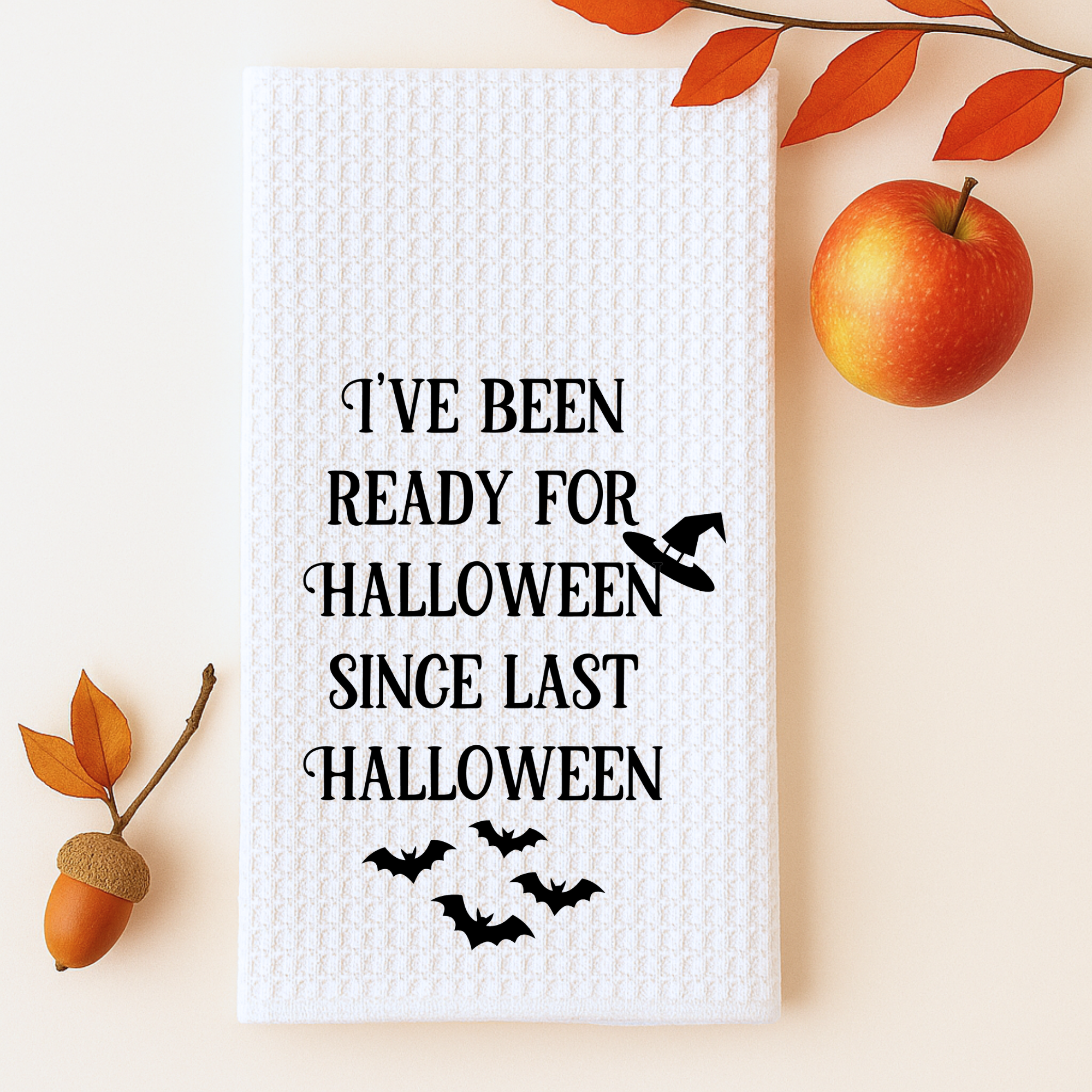 Funny Halloween hand towel with witch hat design, fall kitchen accent decor.