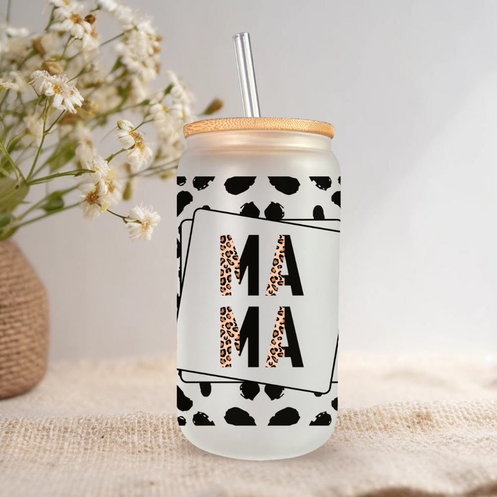 Reusable iced coffee tumbler with chic leopard print, bamboo lid, and straw for moms.