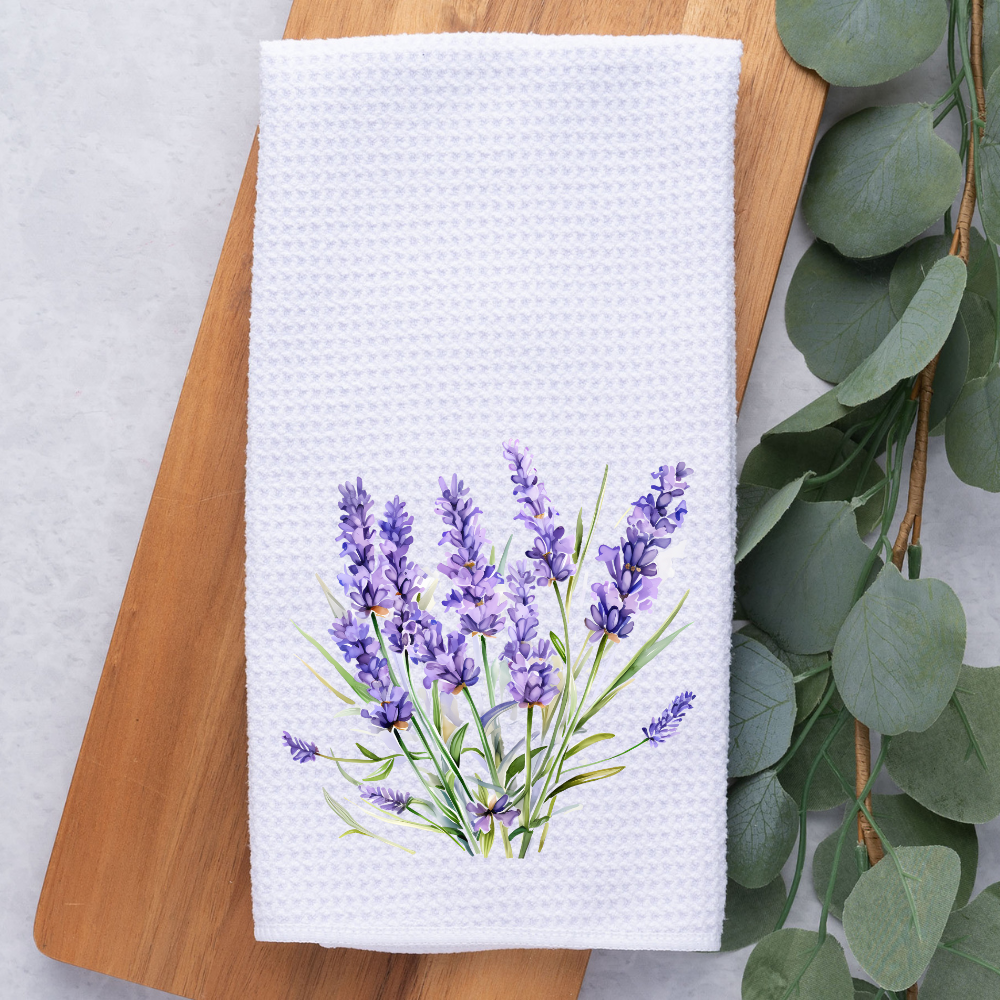 Premium Lavender Kitchen Towel Displayed with Eucalyptus Leaves.