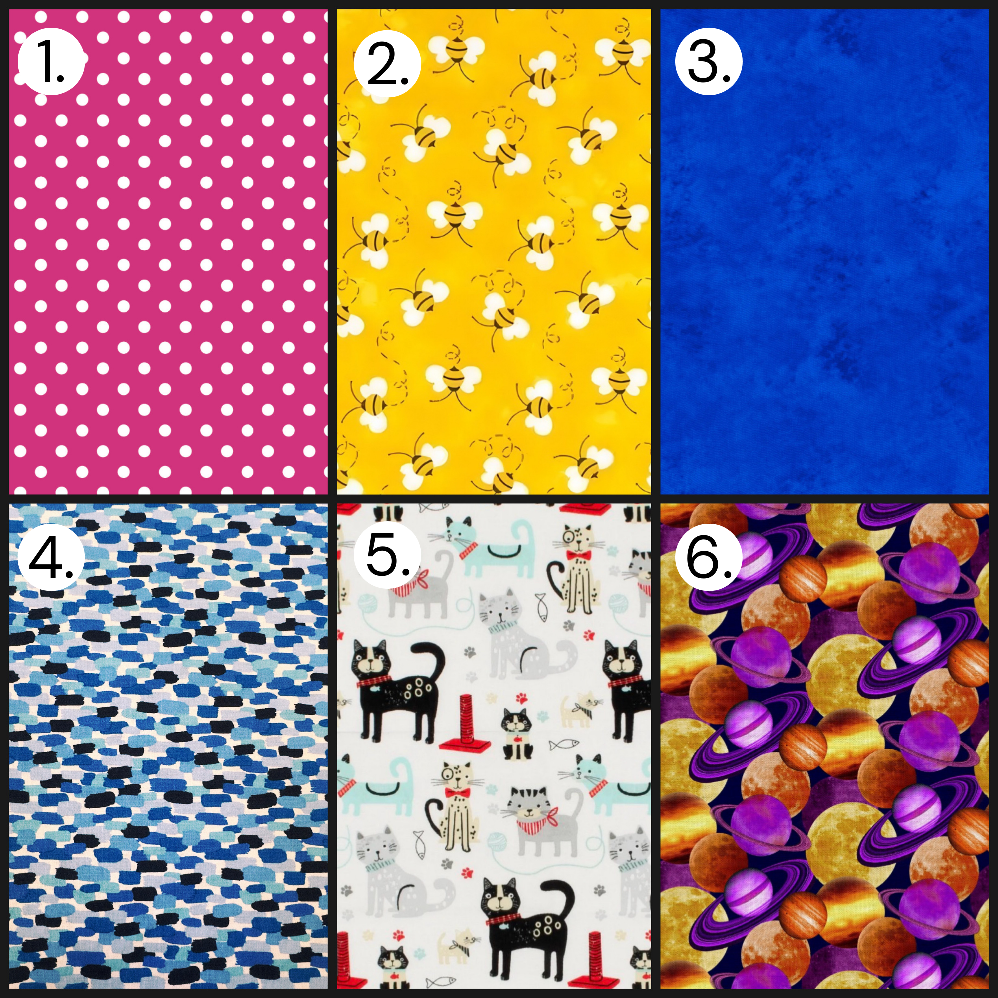 Fabric pattern grid featuring pink polka dots, bees, solid blue, abstract textures, cats, and colorful planet designs.