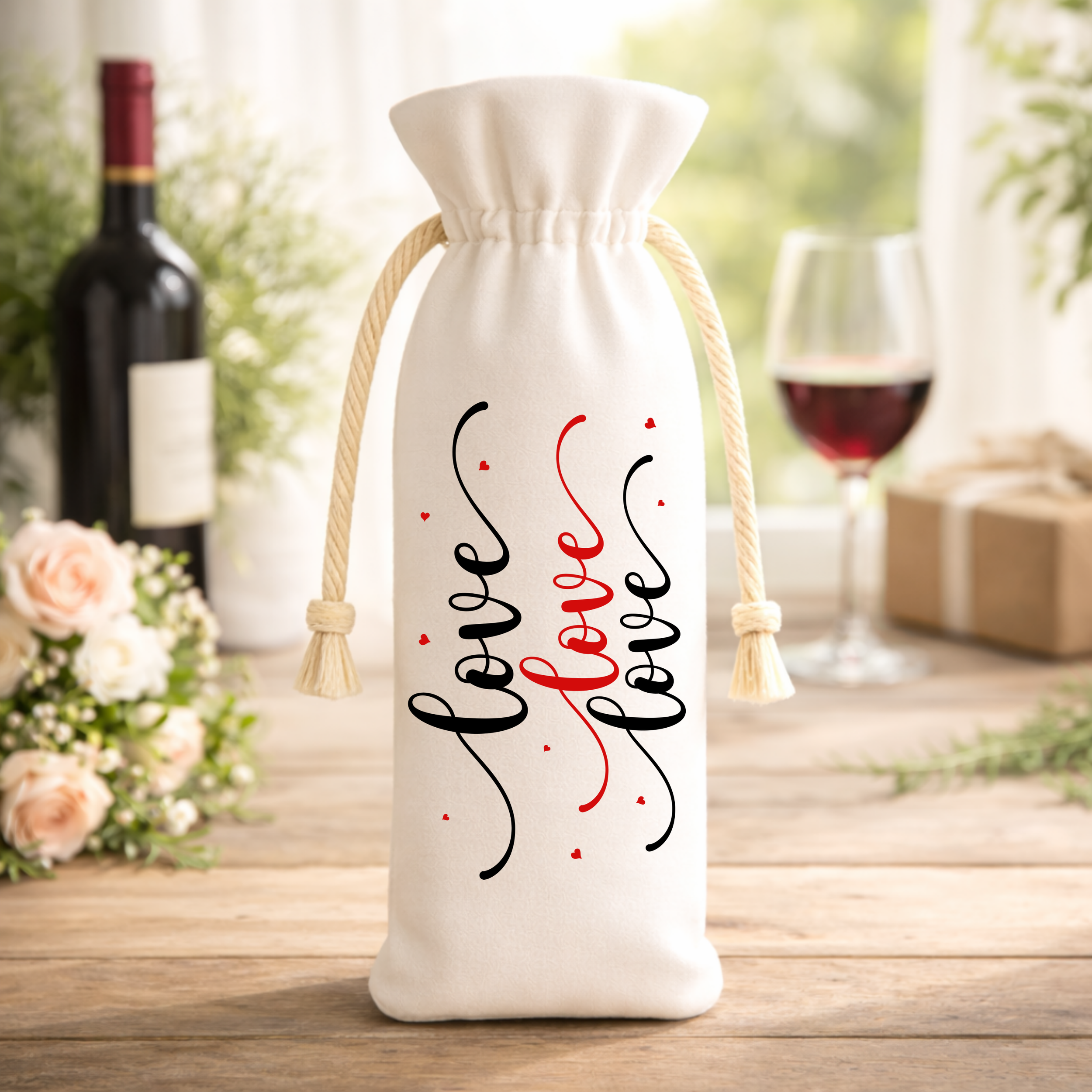 Love Love Love wine gift bag displayed on a wooden table with wine, flowers, and soft natural light, romantic Valentine’s Day gift mockup