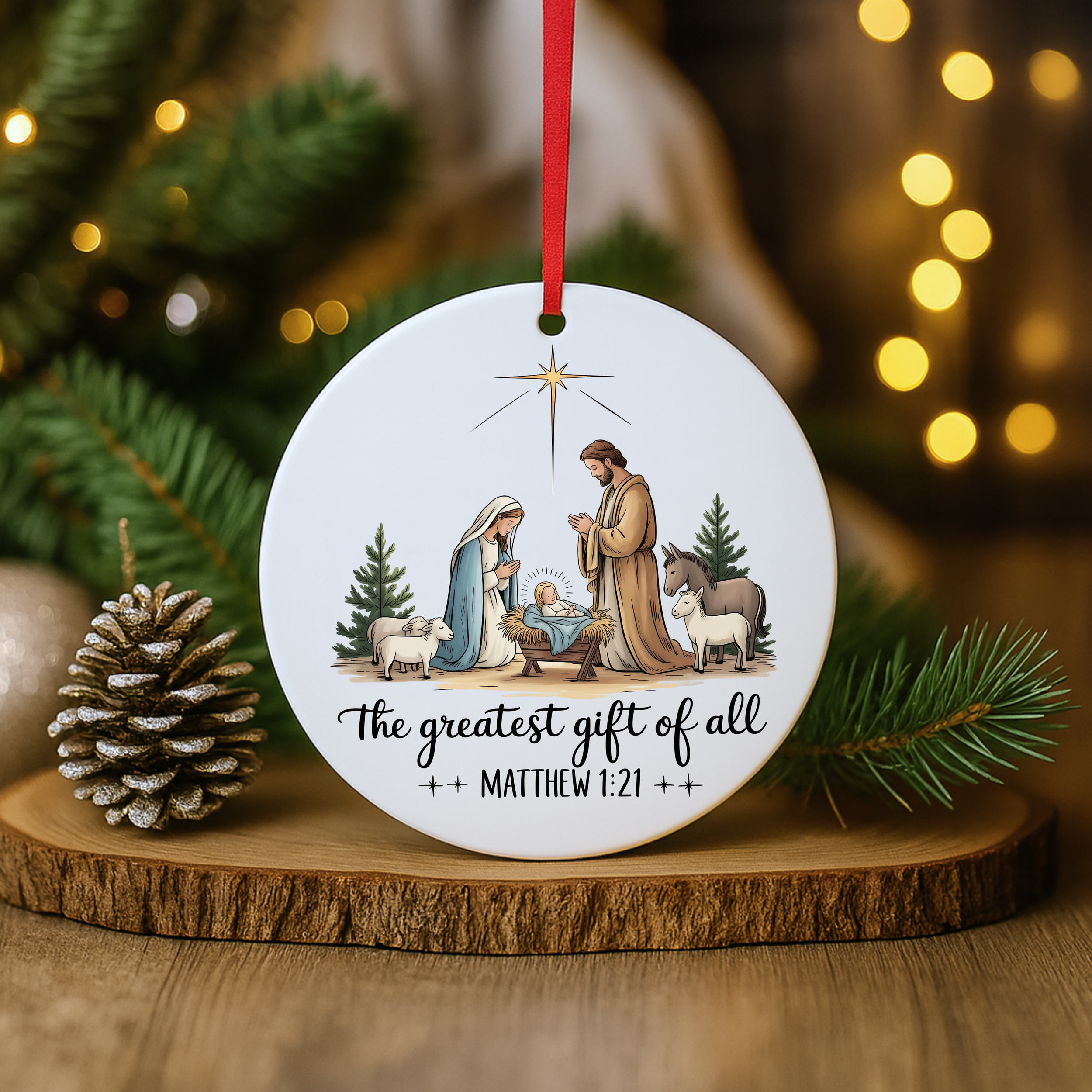 Christian nativity Christmas ornament displayed on a wooden riser with holiday greenery and warm lights.