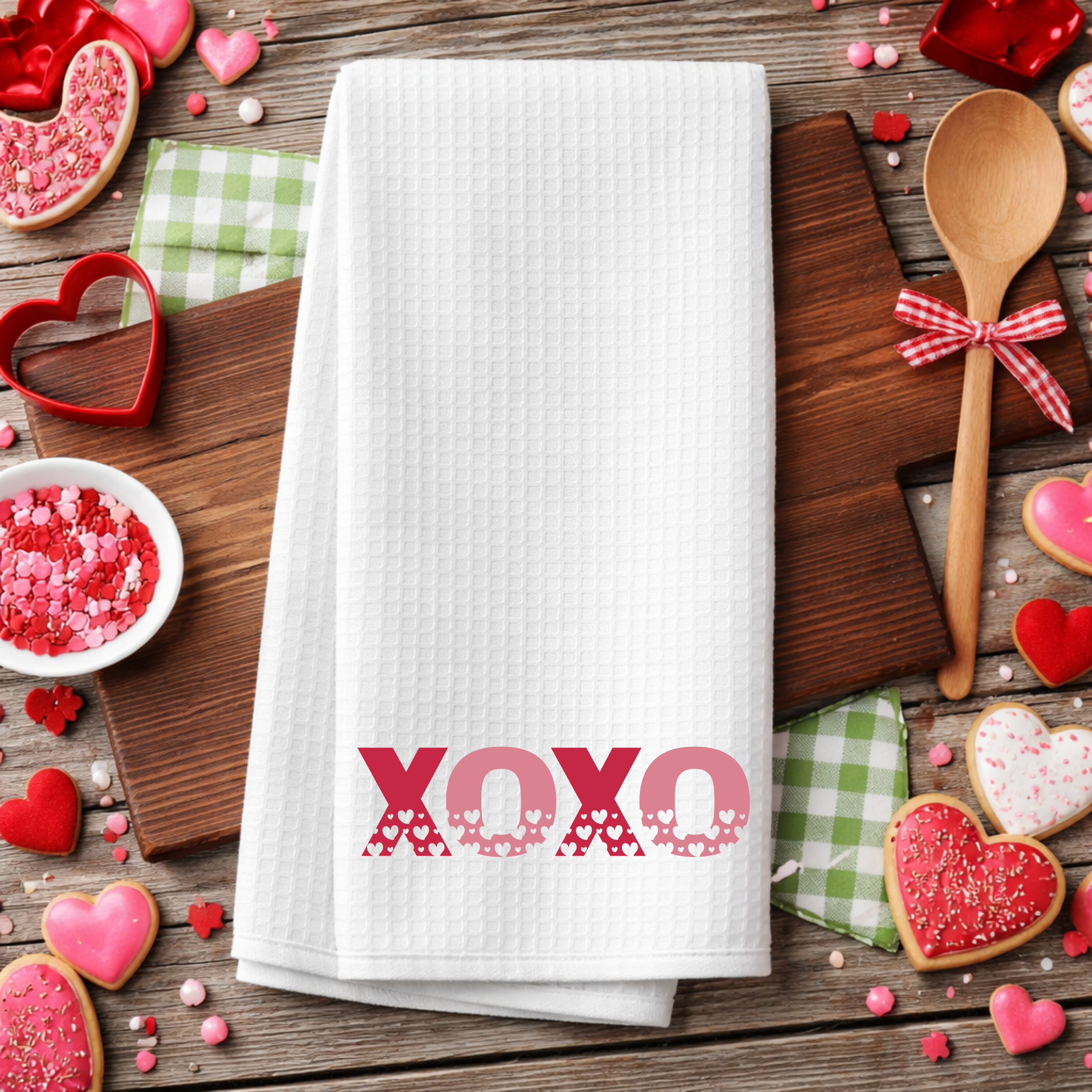 XOXO Valentine’s kitchen towel folded on rustic wood table with heart decor