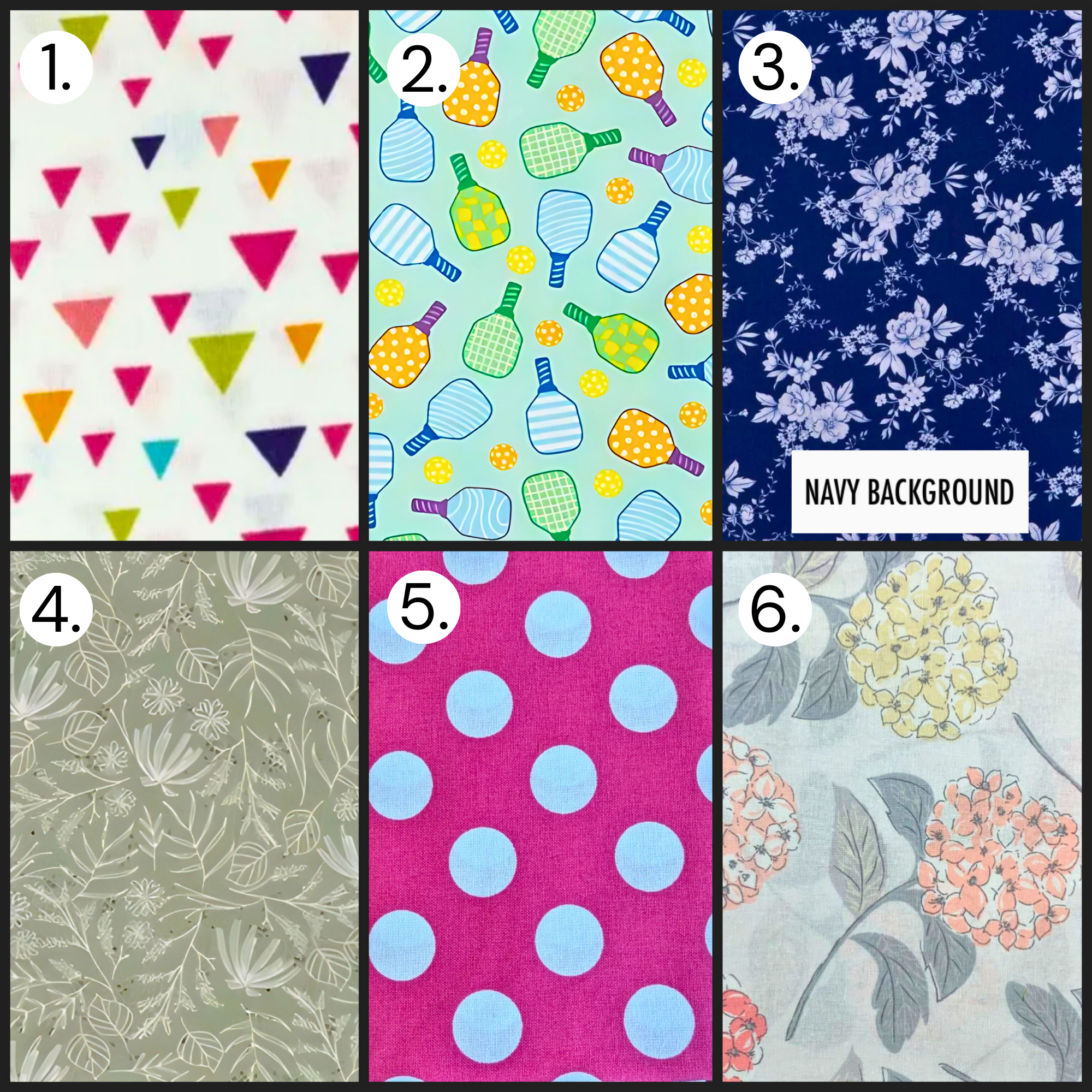 Fabric pattern grid featuring colorful triangles, pickleball paddles, navy florals, leaf line art, pink polka dots, and hydrangea prints.