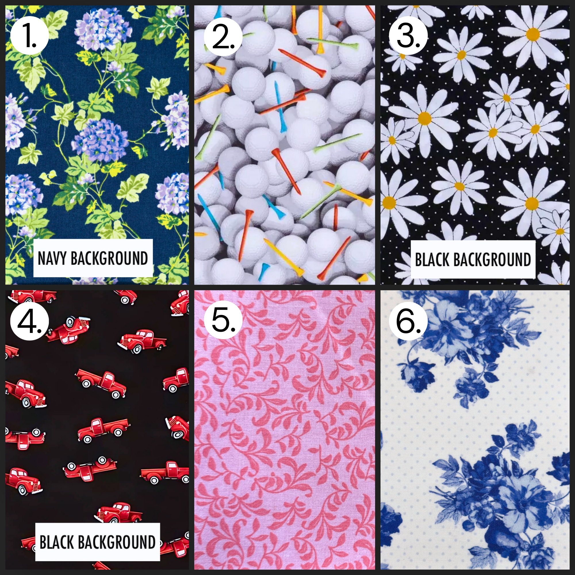 Six-pattern fabric grid with navy and black florals, golf balls, red trucks, and pink scroll prints.