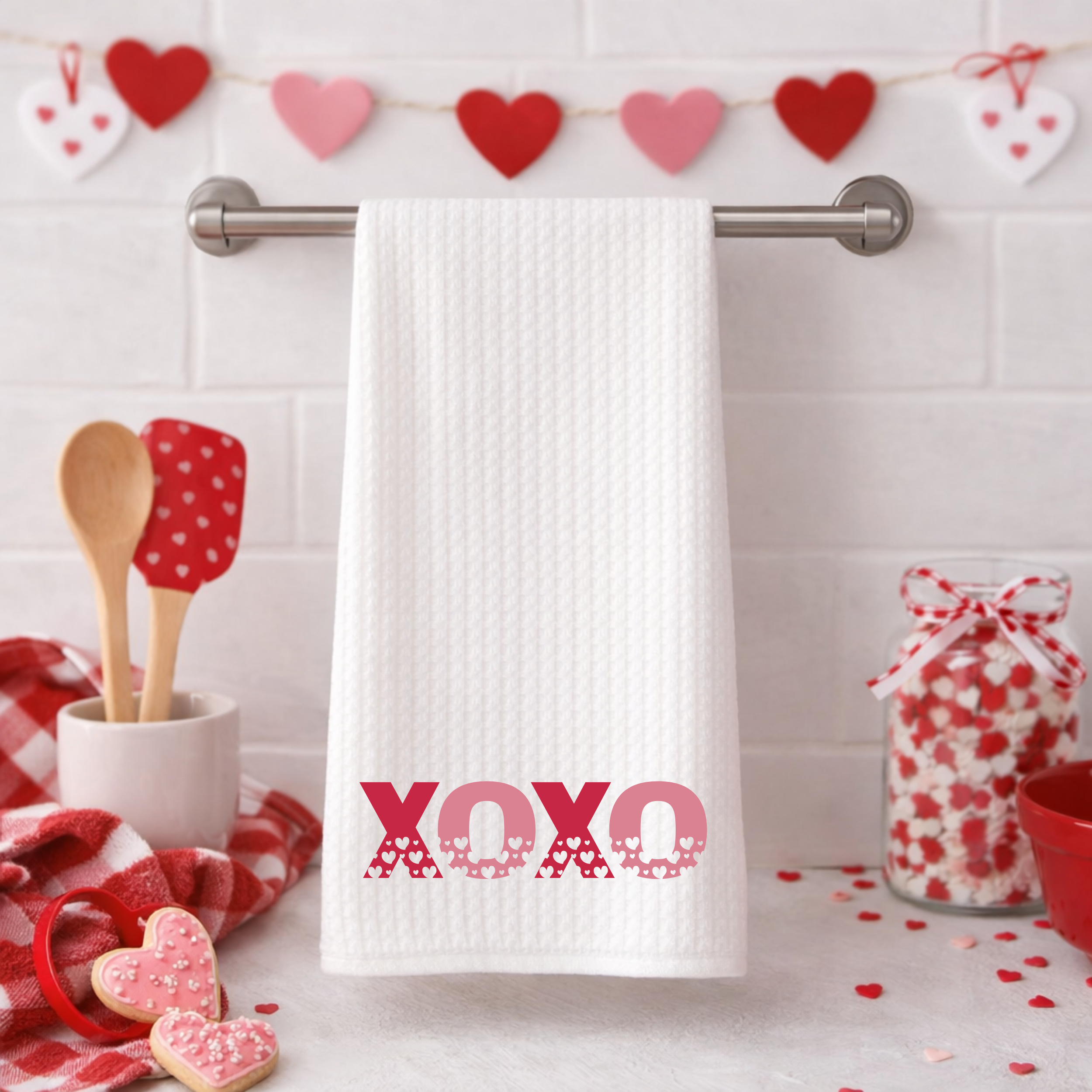 XOXO Valentine’s kitchen towel displayed on stainless towel bar with heart decor
