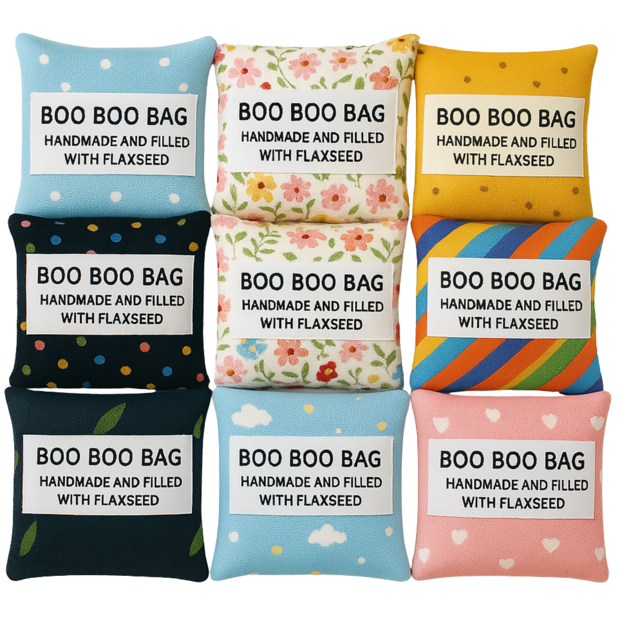 Set of 9 colorful handmade flaxseed boo boo bags with fun prints including florals, polka dots, stripes, hearts, and clouds.