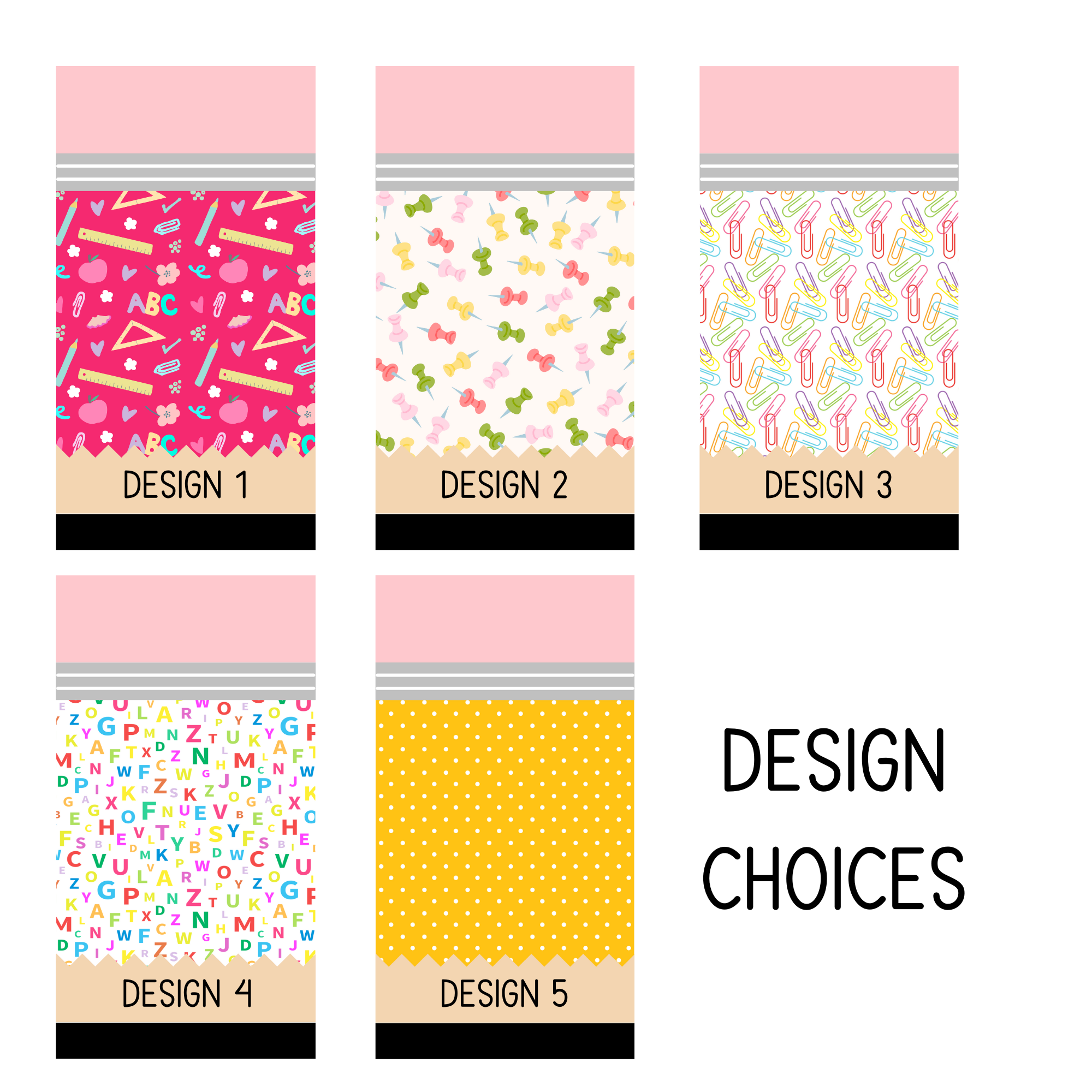 Graphic showing 5 school-themed paper clip design options for selection