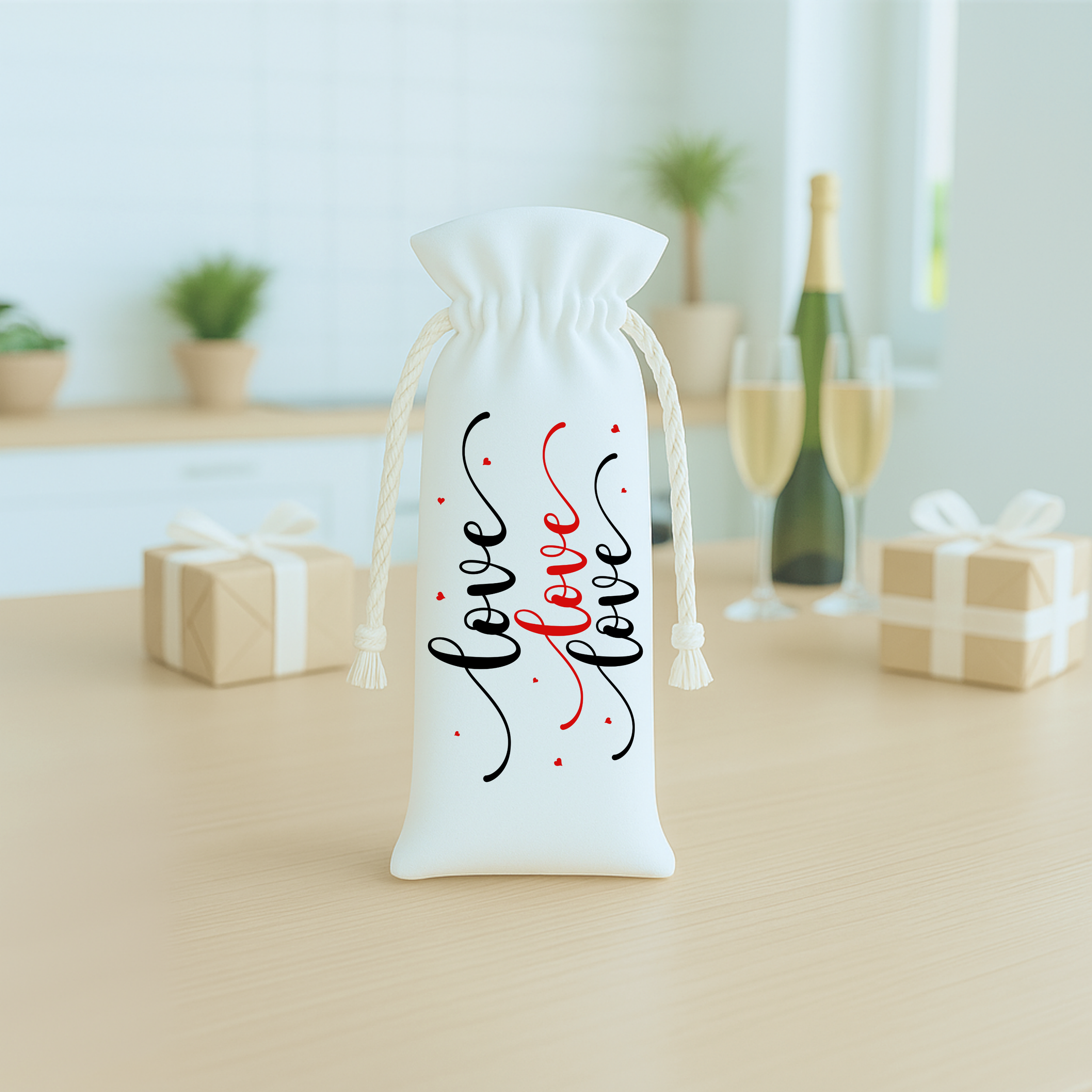Love Love Love wine gift bag styled with champagne bottle, flutes, and wrapped gifts, elegant romantic celebration mockup