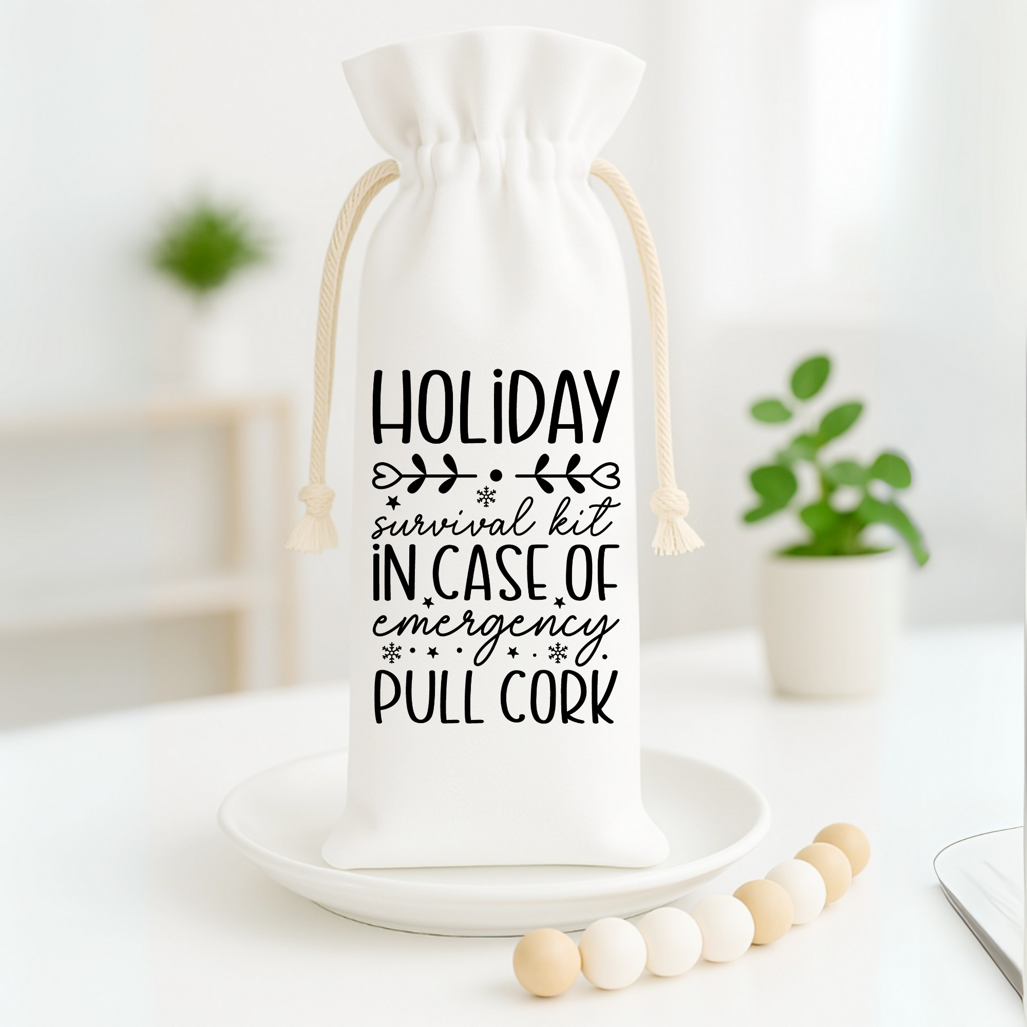 Holiday “Pull Cork” wine bag displayed in a minimal home decor setting.
