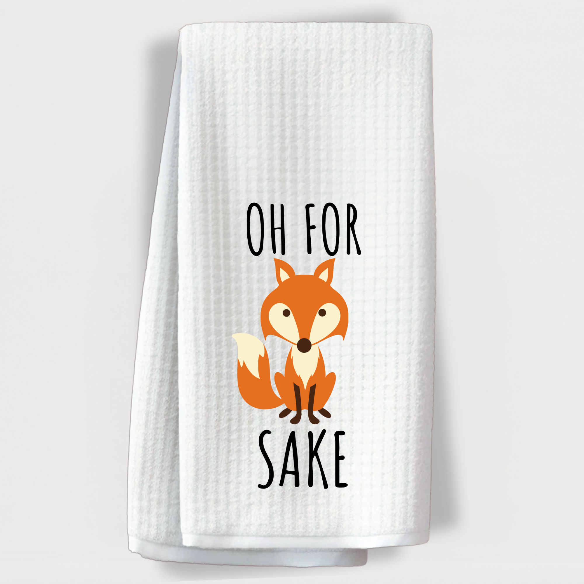 Playful fox towel with the humorous phrase 'Oh for fox sake' featuring a cute cartoon fox.