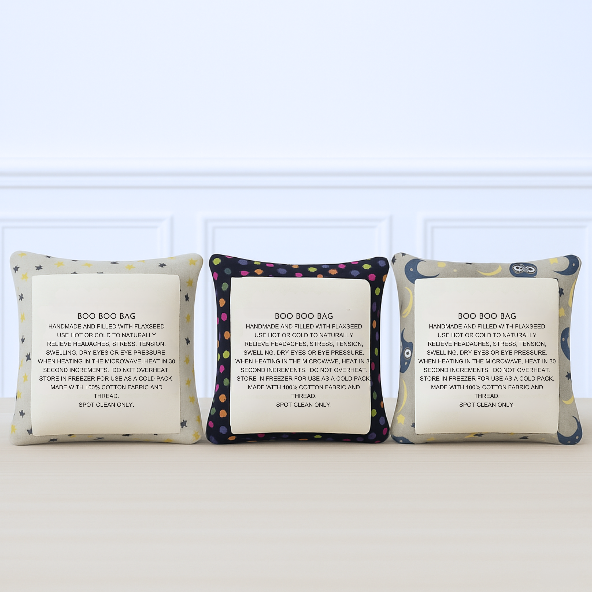 Star and moon-themed flaxseed boo boo bags with polka dots and galaxy prints – reusable cold or heat packs for stress and ache relief. (Copy)