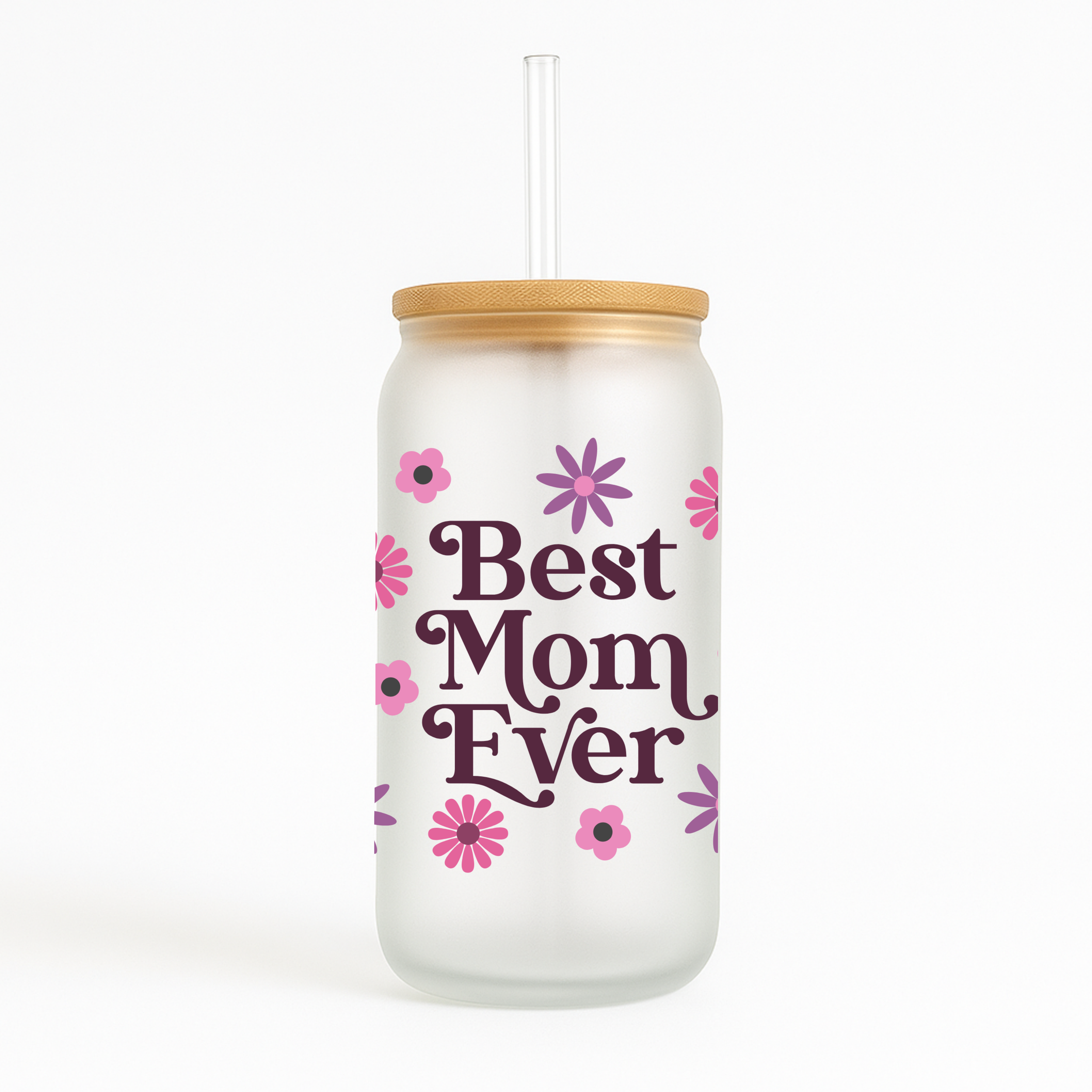 Glass can tumbler with pink and purple retro flowers and bold “Best Mom Ever” text in dark plum.