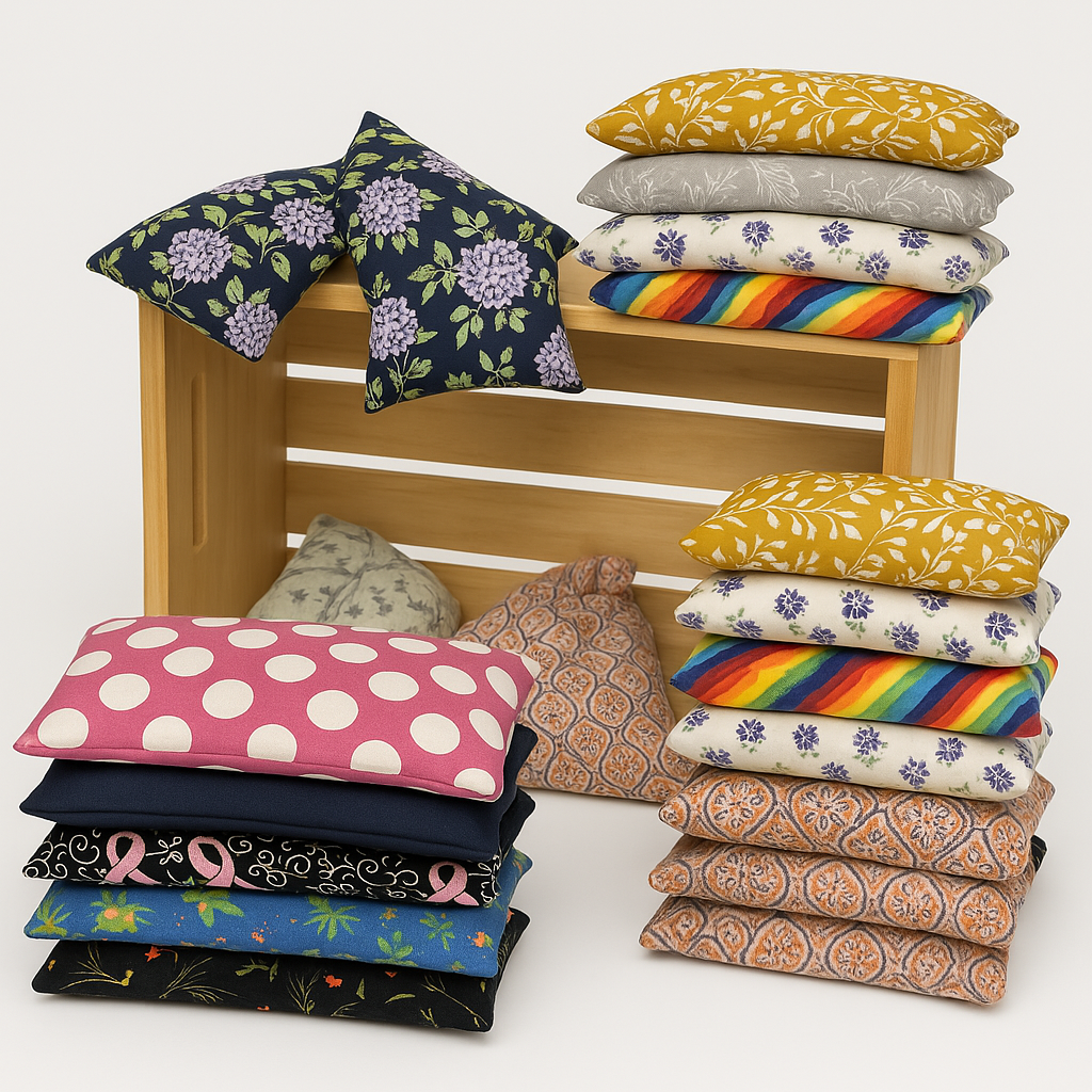 Variety of handmade microwave heat pads with colorful, floral, rainbow, polka dot, and awareness ribbon fabrics stacked beside wooden crate.