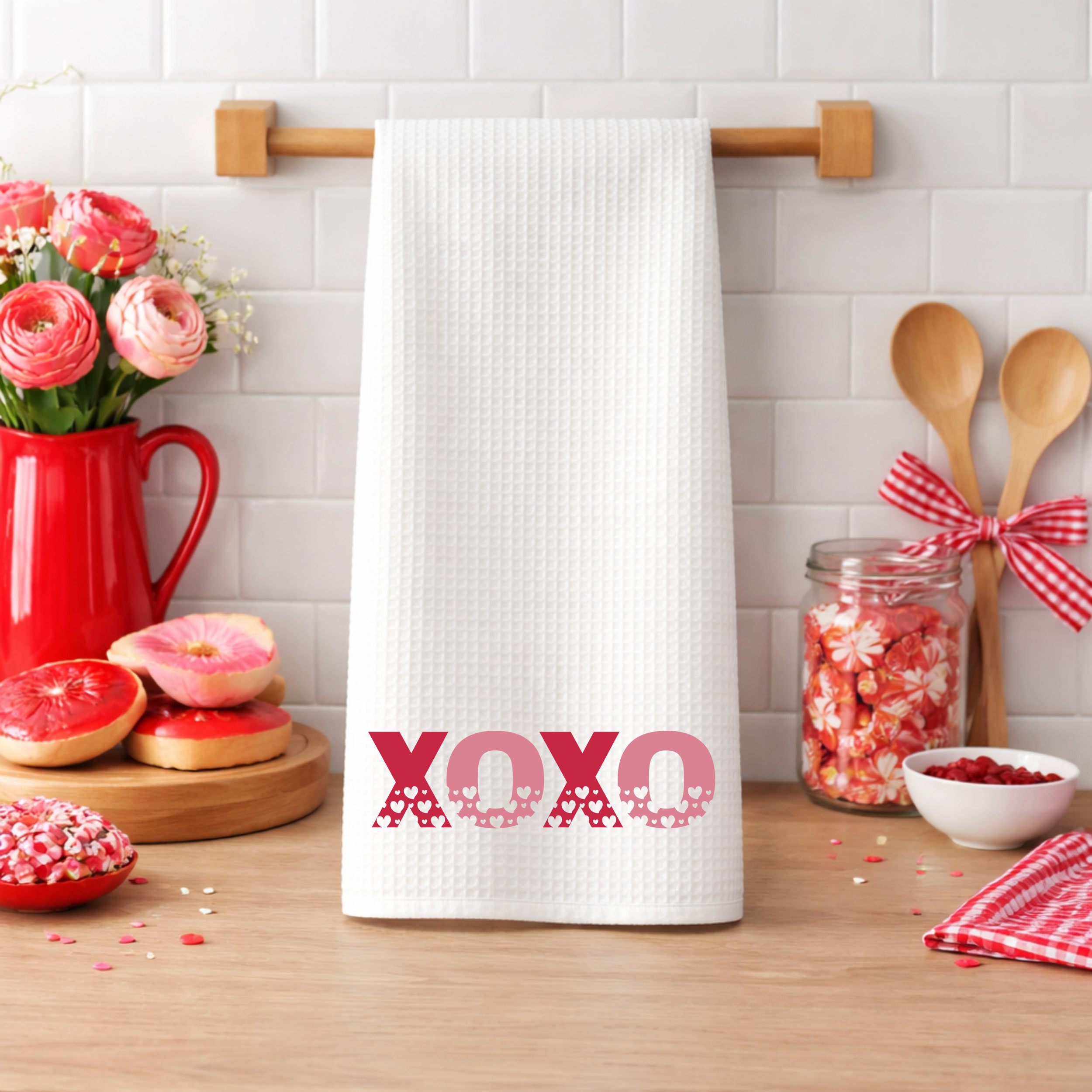 XOXO Valentine’s kitchen towel hanging on wooden towel bar with festive countertop decor